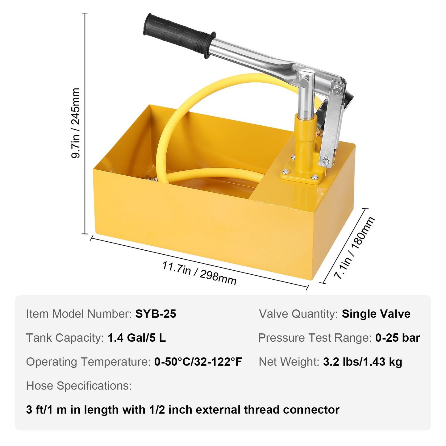 VEVOR Hydrostatic Test Pump, Max 25 bar/362 PSI, Single Valve Hydraulic Manual Water Pressure Tester Kit with Gauge 5L Water Tank, 1 m Hose with 1.27 cm External Thread Connector for Pipeline