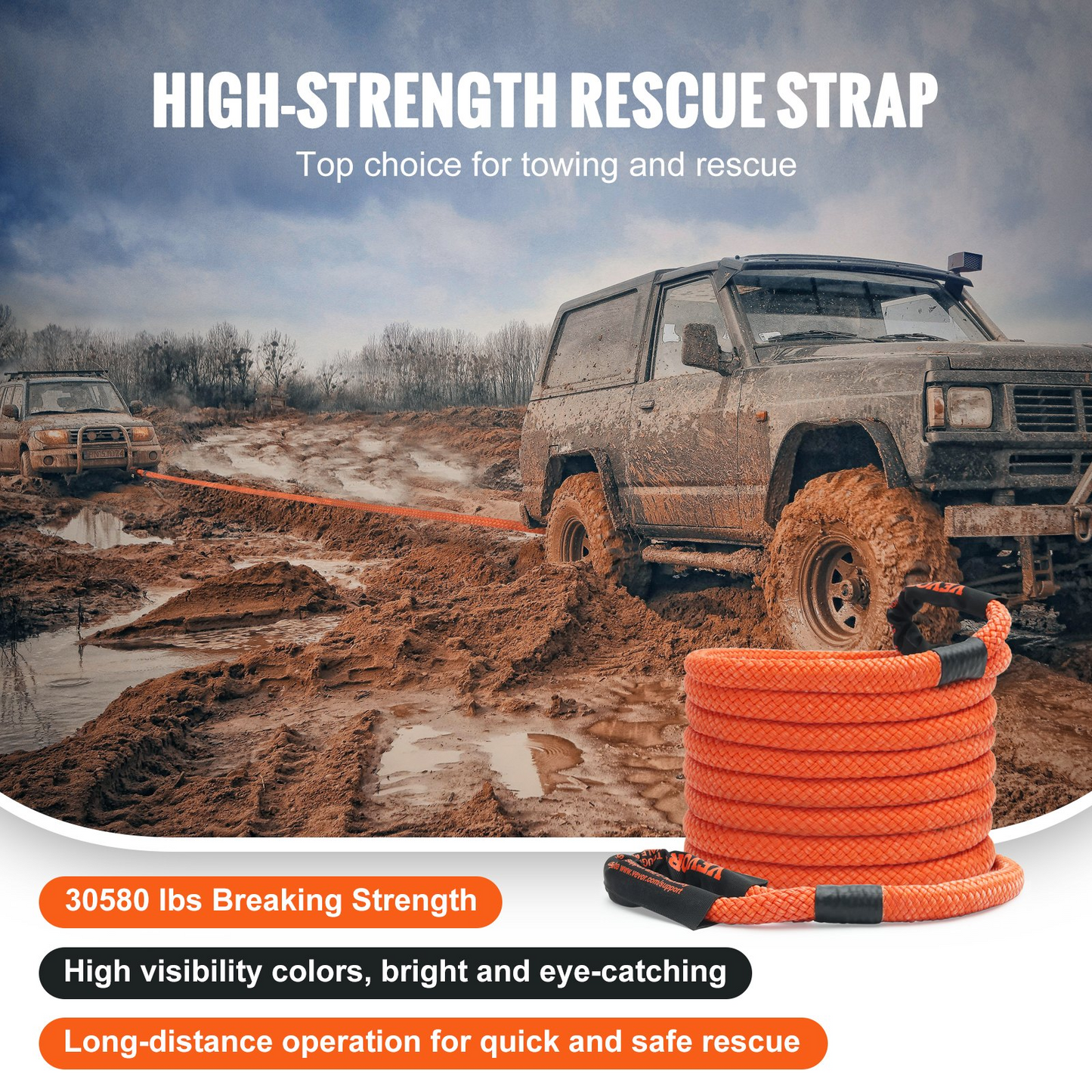 VEVOR 7/8" (2.2 cm) x 30'/9.1 m Kinetic Recovery Tow Rope 30,580 lbs/13,876.4 kg, Heavy-Duty Off Road Snatch Strap with 2 Soft Shackles (41,750 lbs/18,927.5 kg) Extreme Duty 30% Elasticity Energy Snatch Strap Jeep Car Truck ATV UTV SUV Tractor