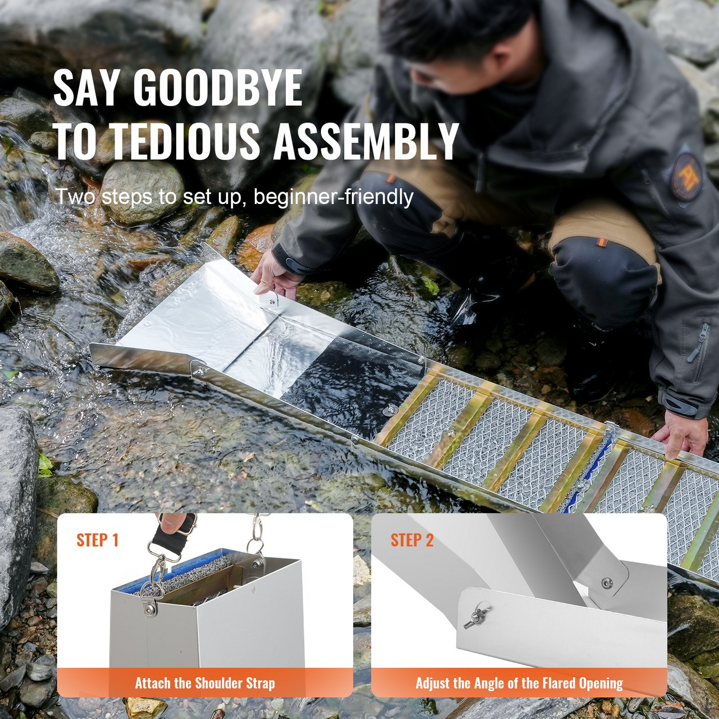 VEVOR Gold Panning Kit With Sluice Box, 127 cm Aluminum Gold Mining Equipment, 23 PCS Gold Prospecting Kit with Gold Pan, Classifier Screen, Separating Magnet, Drawstring Backpack and Accessories
