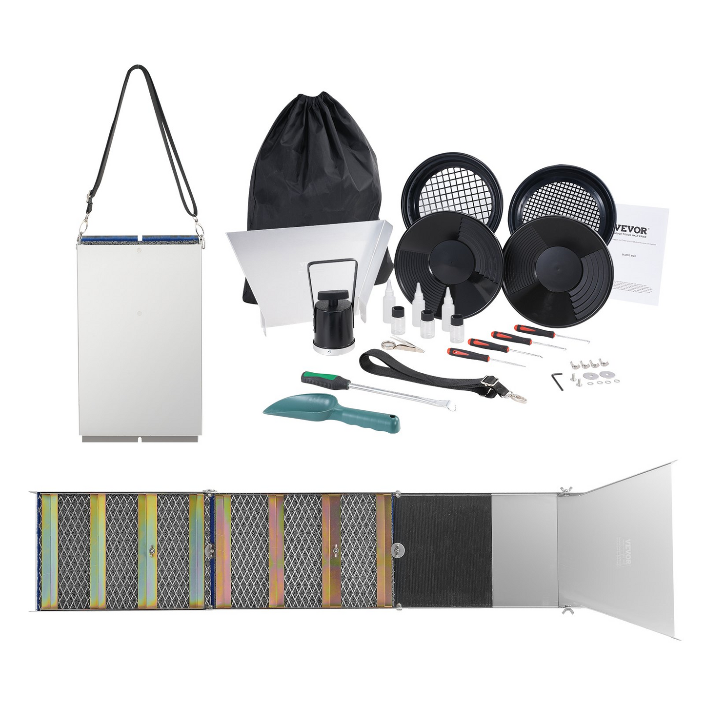 VEVOR Gold Panning Kit With Sluice Box, 127 cm Aluminum Gold Mining Equipment, 23 PCS Gold Prospecting Kit with Gold Pan, Classifier Screen, Separating Magnet, Drawstring Backpack and Accessories