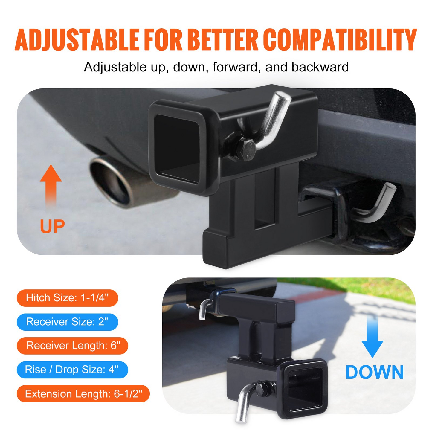 VEVOR Hitch Adapter, 1-1/4" to 2" Receiver Hitch Extender Extension, Trailer Hitch Riser with 4" Rise/Drop, 6-1/2" Extension Length, 4000 lbs Towing Capacity, Hitch Pins, Bolt and Nut Included, Black