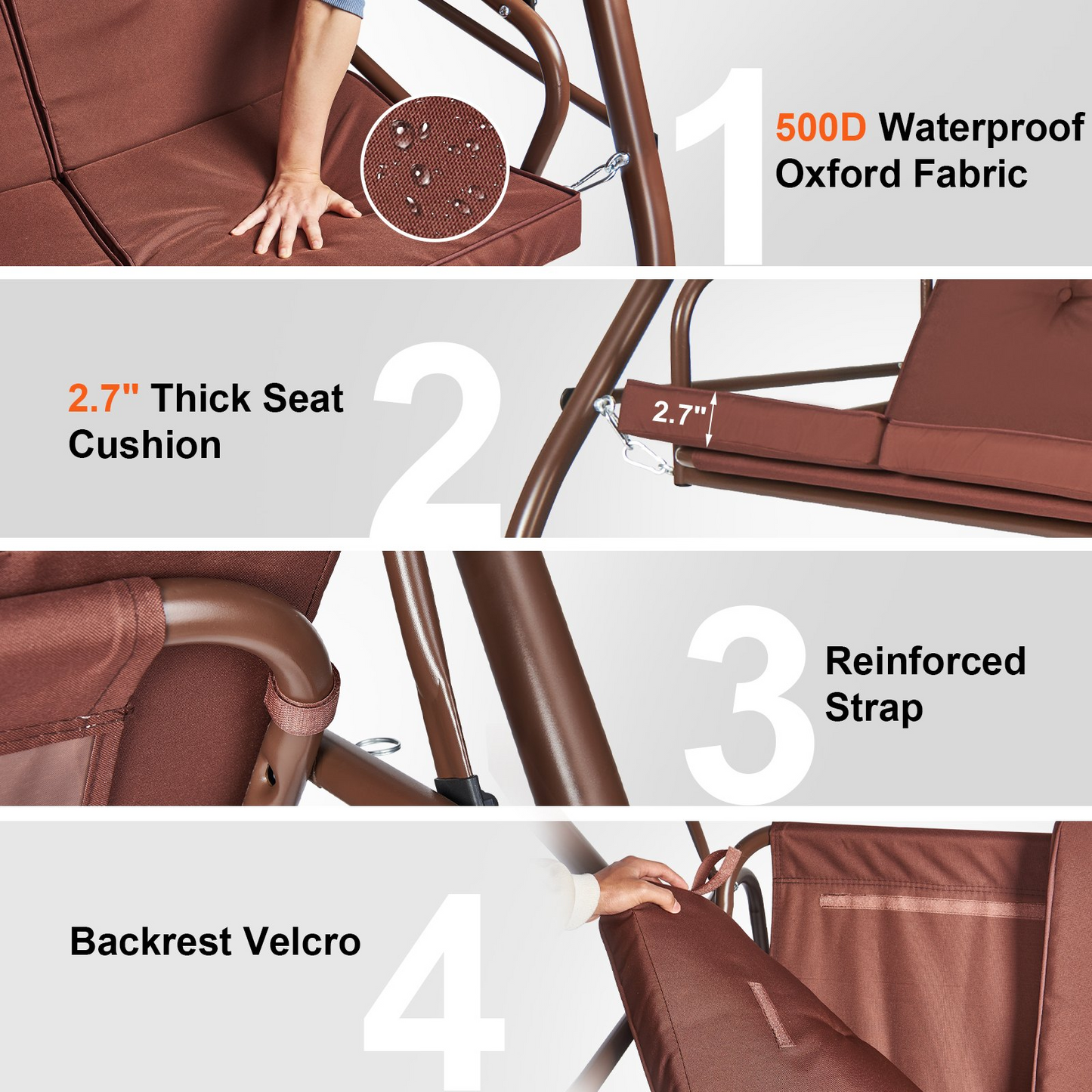 VEVOR 3-Seat Patio Swing Chair, Converting Canopy Swing, Outdoor Patio Porch with Adjustable Canopy, Removable Thick Cushion and Alloy Steel Frame, for Balcony, Backyard, Poolside, Brown