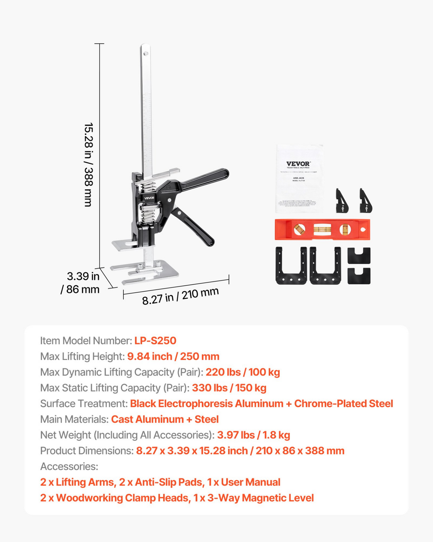 VEVOR Labor Saving Arm Jack 2 PCS 150kg Bearing Capacity Lifting to 250mm Black
