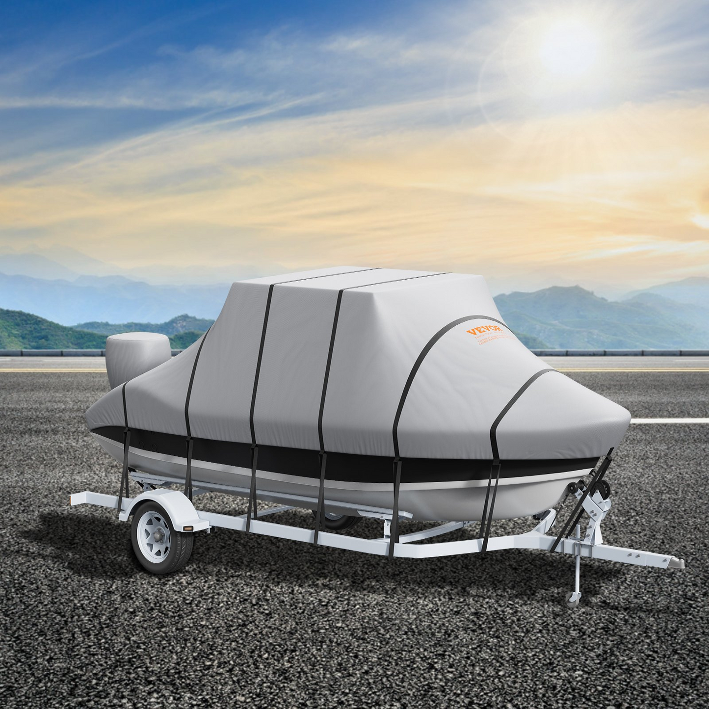 VEVOR T Top Boat Cover, 7310-7920 mm Waterproof Trailerable T-Top Boat Cover, 600D Marine Grade PU Oxford, with Windproof Buckle Straps, for Center Console Boat with T Top Roof, Fits 7310-7920 mm L x 2690 mm W, Grey