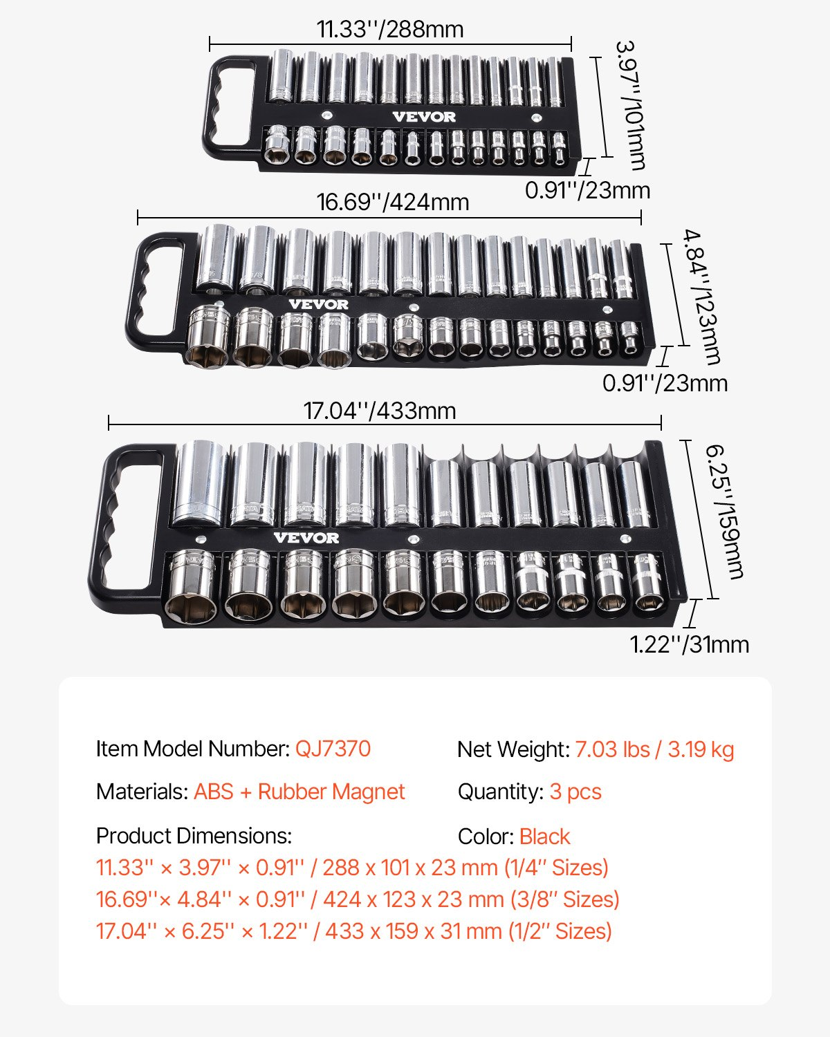 VEVOR Portable Socket Organizer Set 3PCS 76-Clip Magnetic Socket Tray Metric/SAE