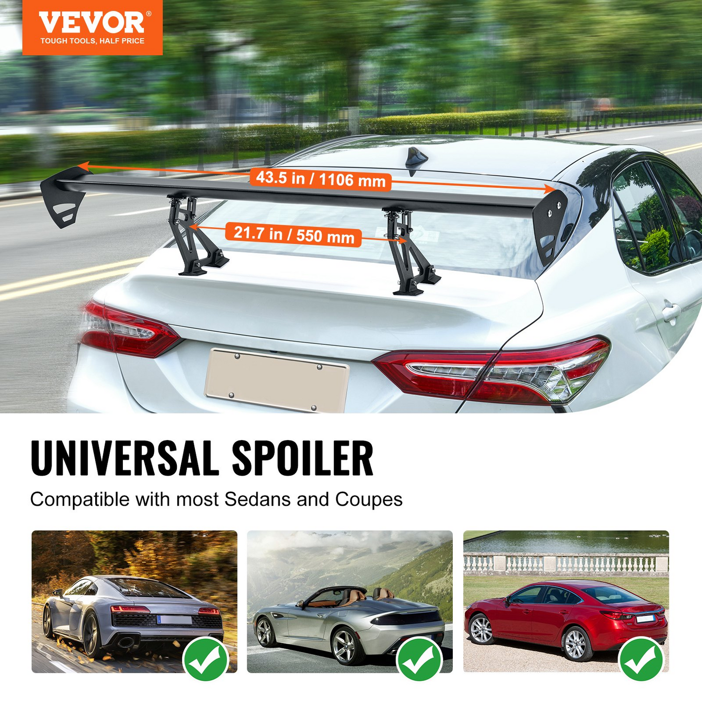 VEVOR Universal Rear Spoiler GT Style Adjustable Trunk Wing Car Racing 43.3"/110 cm