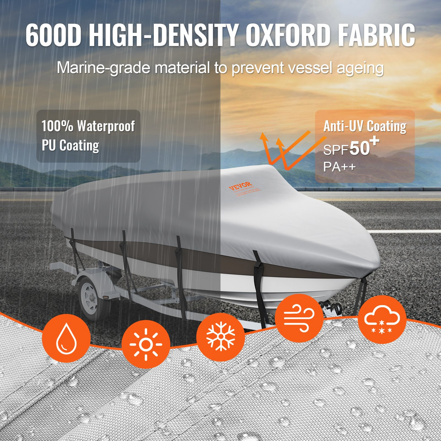 VEVOR Boat Cover, 6090-6700 mmTrailerable Waterproof Boat Cover, 600D Marine Grade PU Oxford, with Motor Cover and Buckle Straps, for V-Hull, Tri-Hull, Fish Ski Boat, Runabout, Bass Boat, Grey