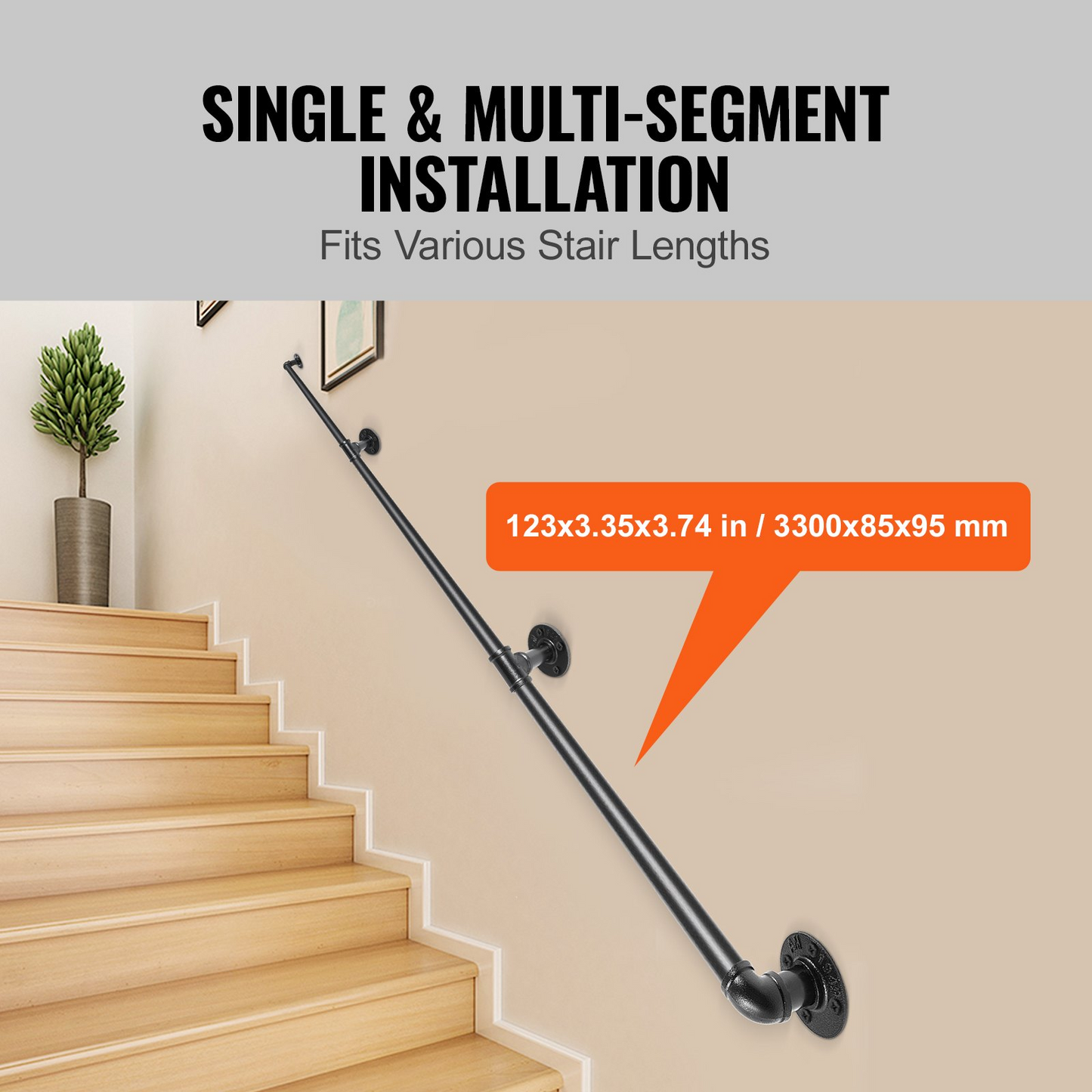 VEVOR Pipe Stair Handrail, 335.3 cm Staircase Handrail, 199.6 kg Load Capacity Carbon Steel Pipe Handrail, Industrial Pipe Handrail with Wall Mount Support, Round Corner Wall Handrailing for Indoor, Outdoor