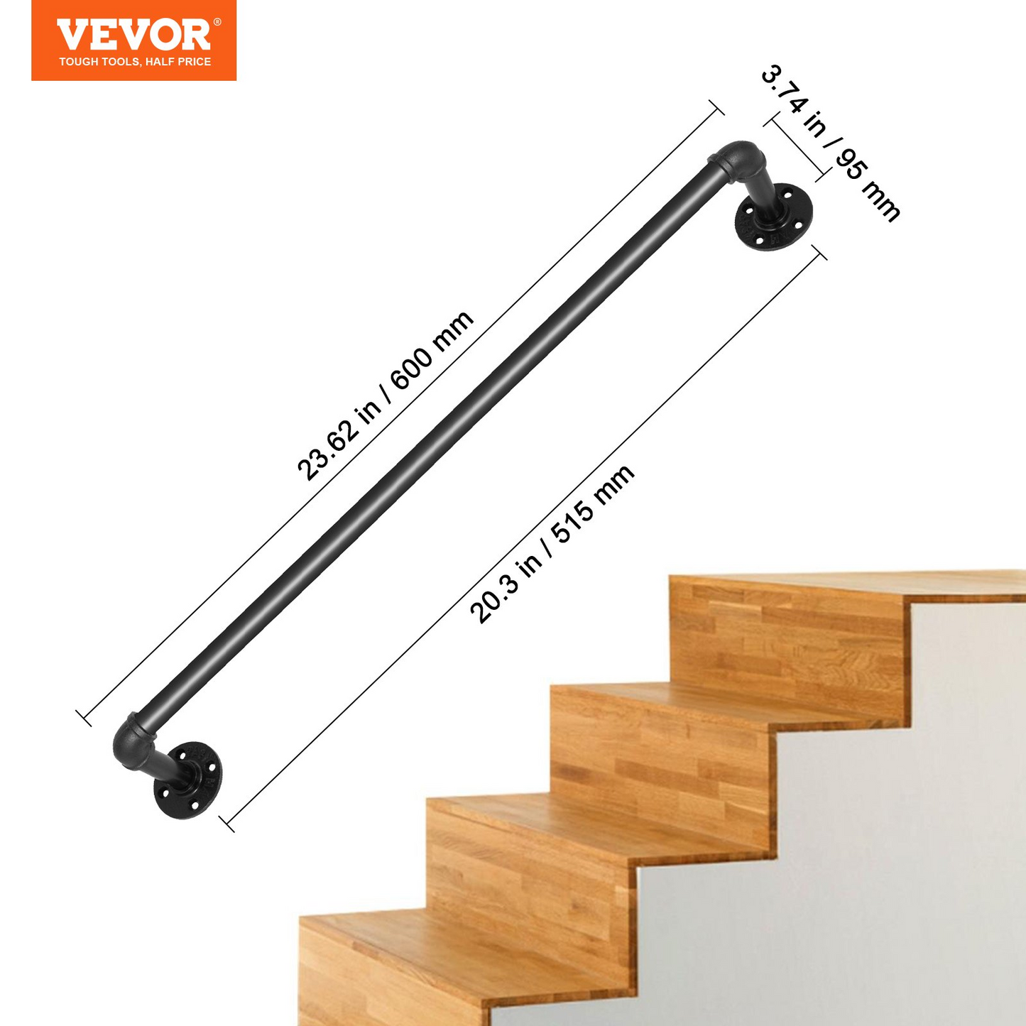 VEVOR Pipe Stair Handrail Staircase Handrail 61 cm Carbon Steel for Wall Mount