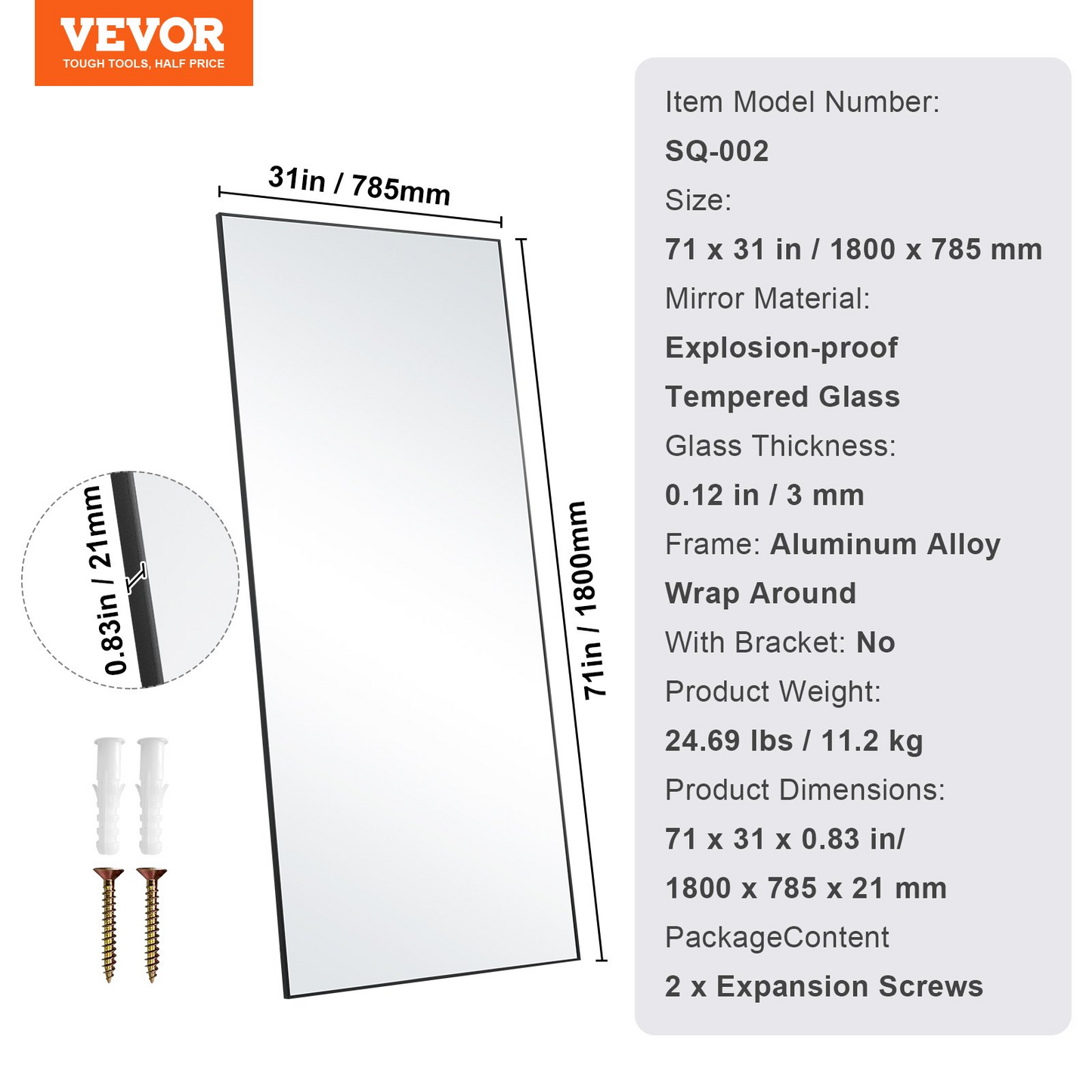 VEVOR Full Length Mirror, 71'' x 31'', Extra Large Standing Hanging or Leaning Rectangle Floor Mirror with Tempered Glass Aluminum Alloy Frame, Full Body Dressing Mirror for Living Room Bedroom, Black