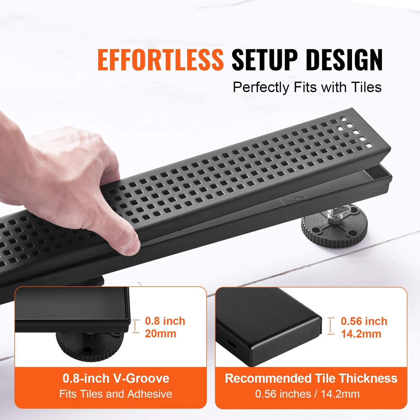 VEVOR 610mm Linear Shower Drain with Square Pattern Grate,Brushed 304 Stainless Steel Rectangle Shower Floor Drain, Sleek Linear Drain with Hair Strainer, Matte Black