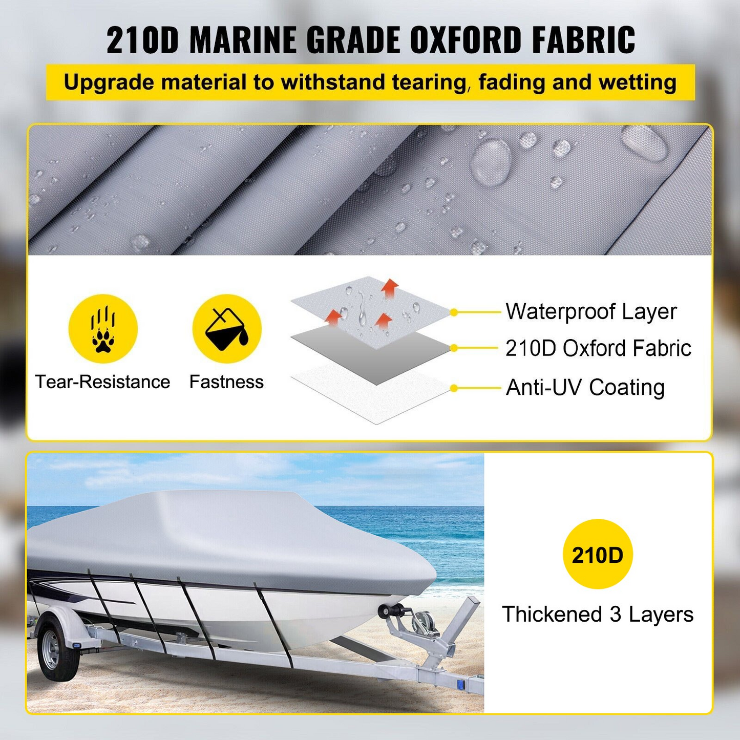 VEVOR Waterproof Boat Cover, 609.6 cm-670.6 cm Trailerable Boat Cover, Beam Width up to 269.2 cm Hull Cover Heavy Duty 600D Marine Grade Polyester Mooring Cover for Fits V-Hull Boat with 5 Tightening Straps