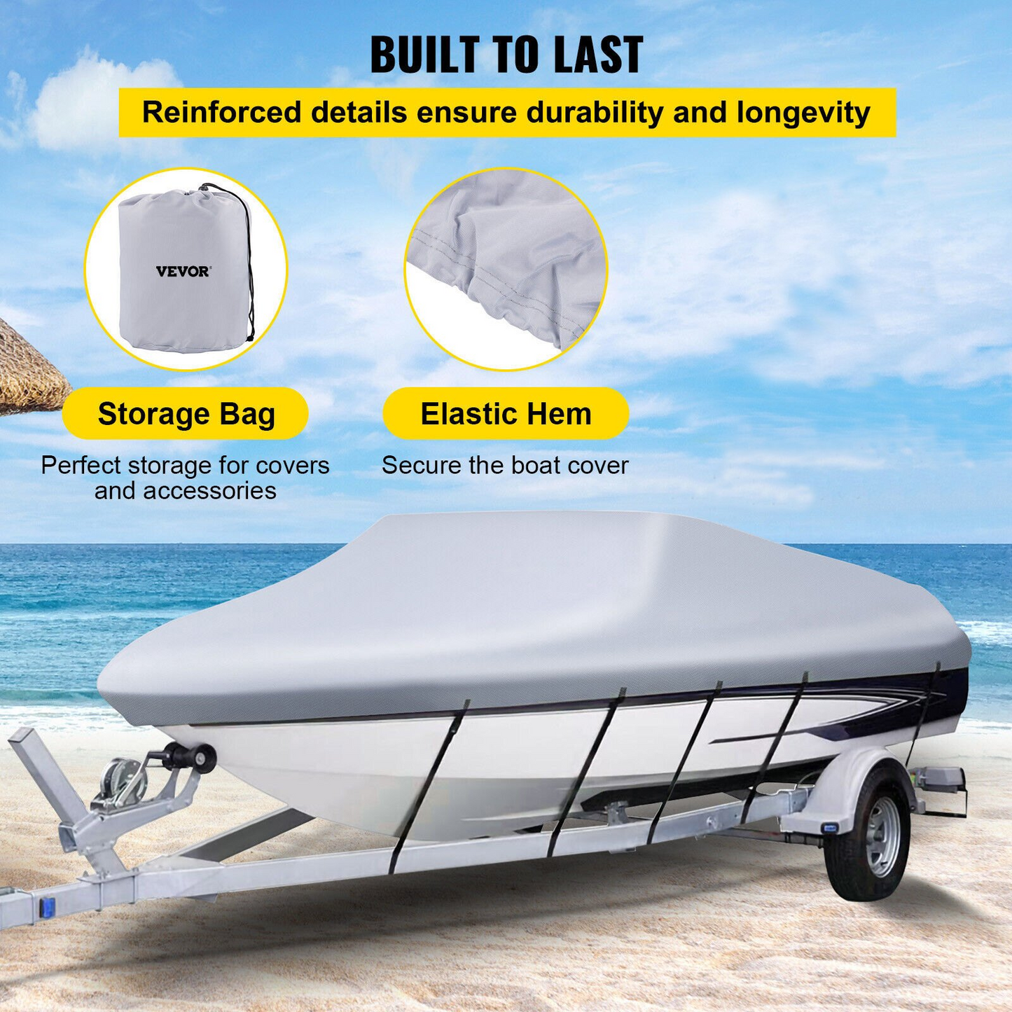VEVOR Waterproof Boat Cover, 609.6 cm-670.6 cm Trailerable Boat Cover, Beam Width up to 269.2 cm Hull Cover Heavy Duty 600D Marine Grade Polyester Mooring Cover for Fits V-Hull Boat with 5 Tightening Straps