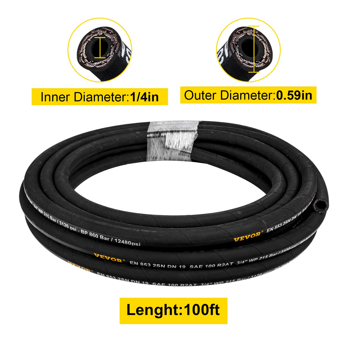 VEVOR Hydraulic Hose 1/4 inch x 100 ft, Coiled Hydraulic Hose 5800 PSI, Rubber Hydraulic Hose with 2 High-Tensile Steel Wire Braid, Bulk Hydraulic Hose -20℃ to 140℃, Hydraulic Oil Flexible Hose