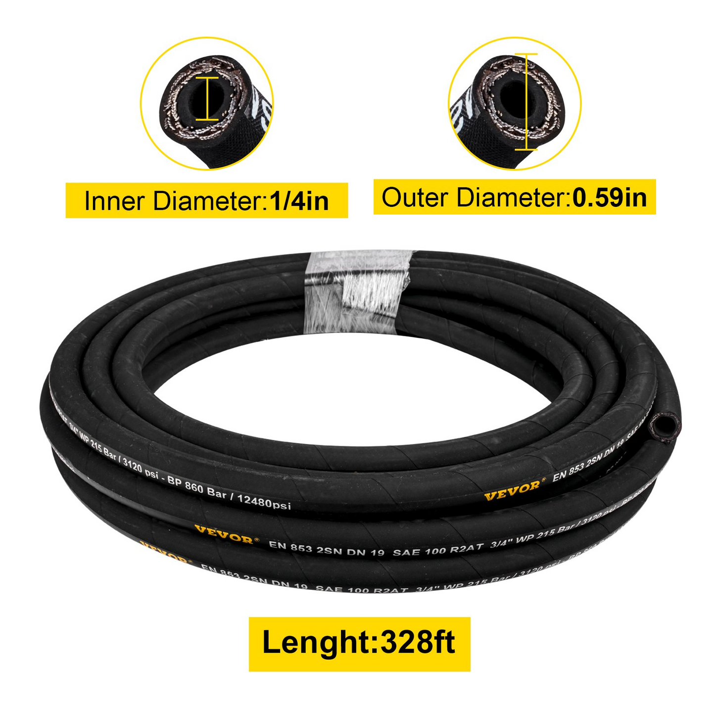 VEVOR Hydraulic Hose 1/4 inch x 328 ft, Coiled Hydraulic Hose 5800 PSI, Rubber Hydraulic Hose with 2 High-Tensile Steel Wire Braid, Bulk Hydraulic Hose -20℃ to 140℃, Hydraulic Oil Flexible Hose