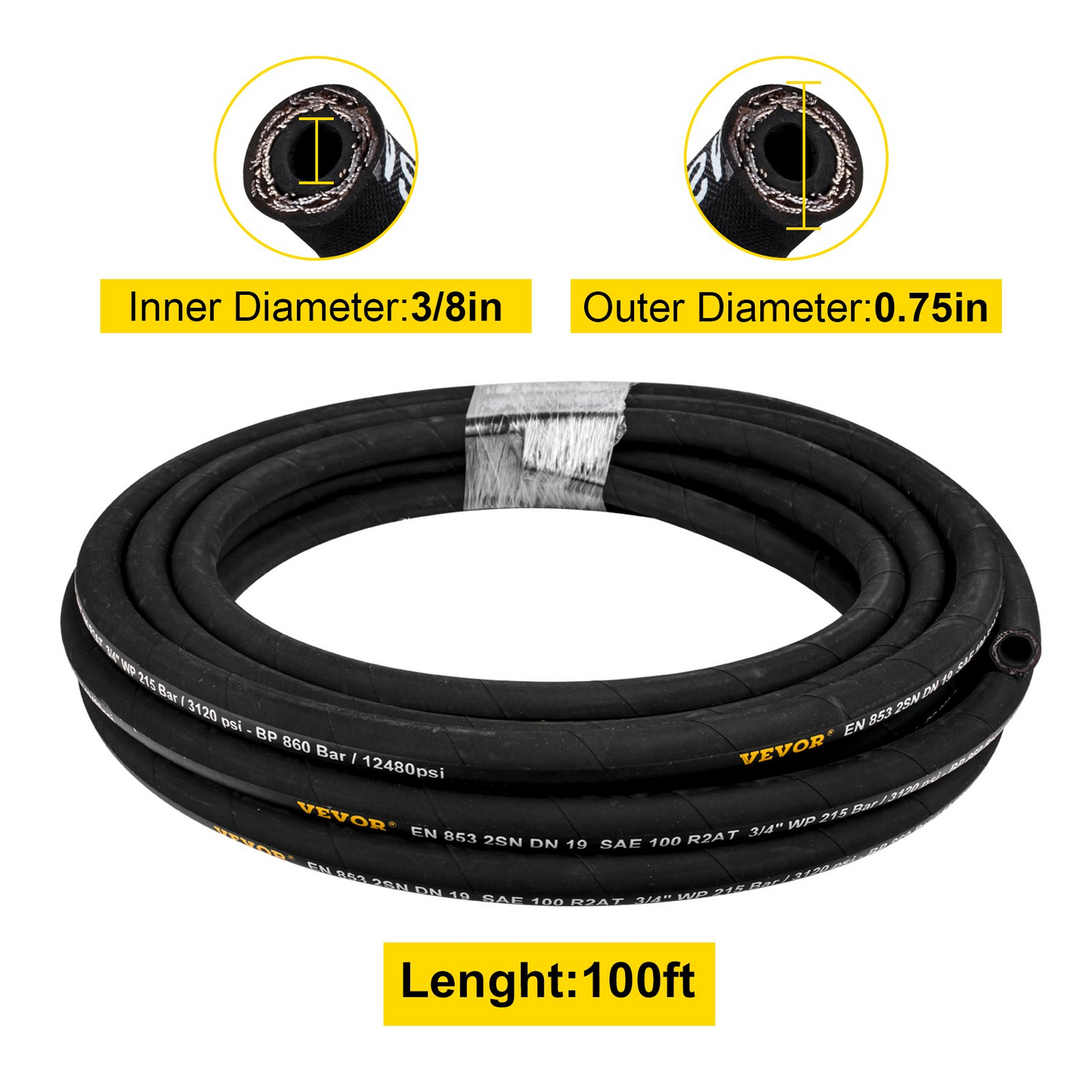 VEVOR Hydraulic Hose 3/8 inch x 100 ft, Coiled Hydraulic Hose 4800 PSI, Rubber Hydraulic Hose with 2 High-Tensile Steel Wire Braid, Bulk Hydraulic Hose -20°C to 140°C, Hydraulic Oil Flexible Hose