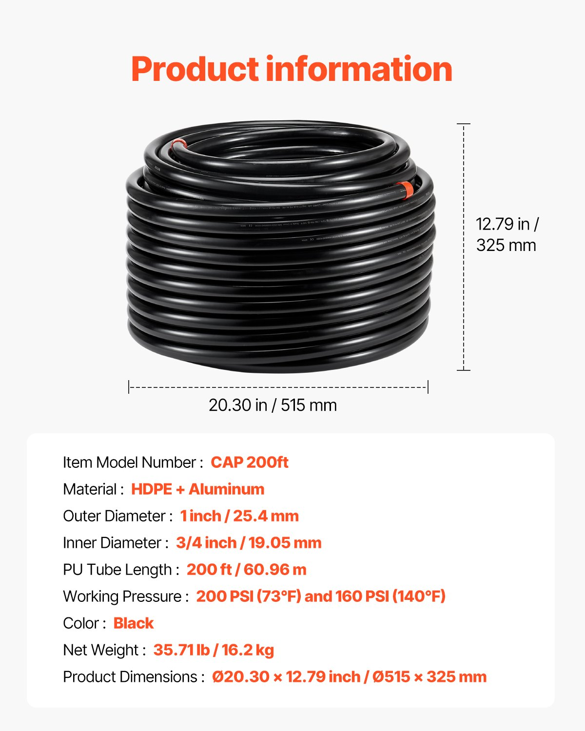 VEVOR Air Compressor Line Kit 3/4'' x 200FT PU Air Compressor Line System Black