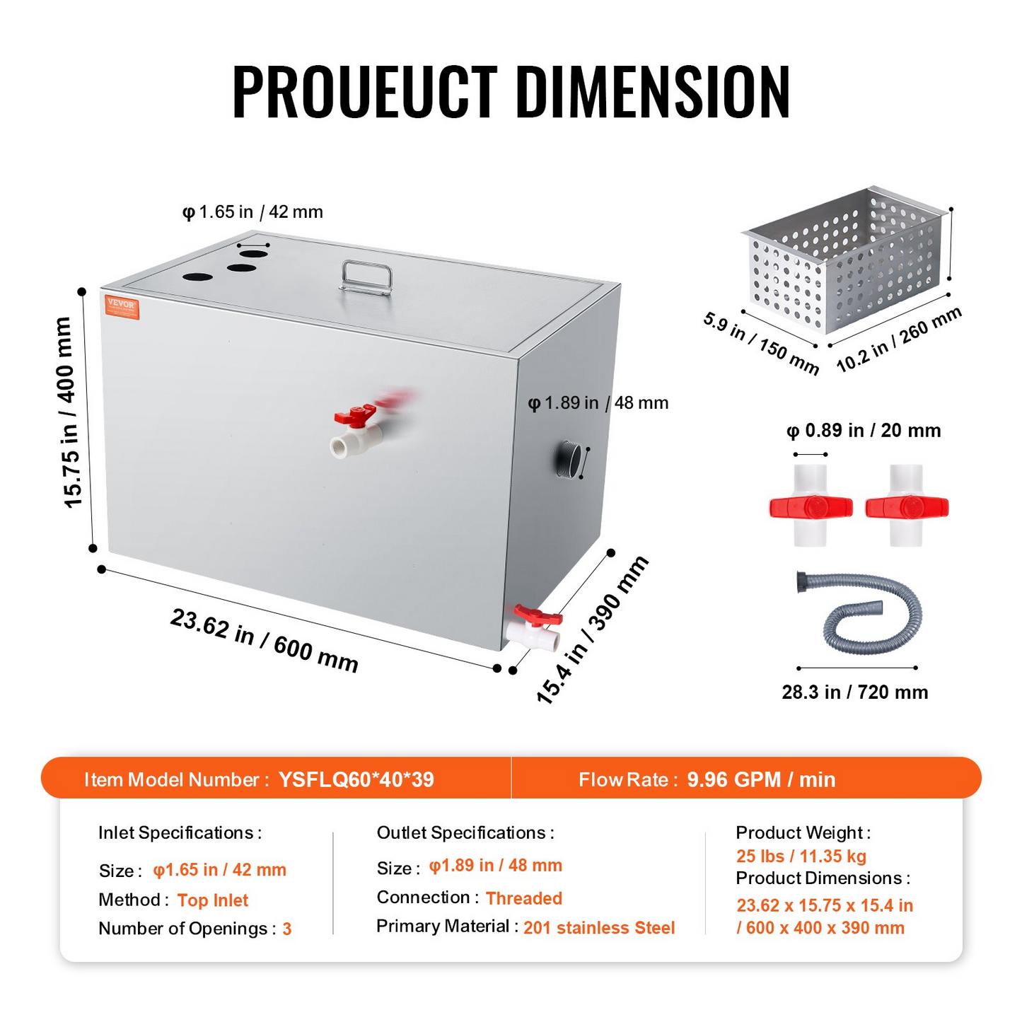 VEVOR Commercial Grease Trap, 40 LBS Grease Interceptor, Top Inlet Interceptor, Under Sink Stainless Steel Grease Trap, 10 GPM Waste Water Oil-water Separator, for Restaurant Canteen Home Kitchen