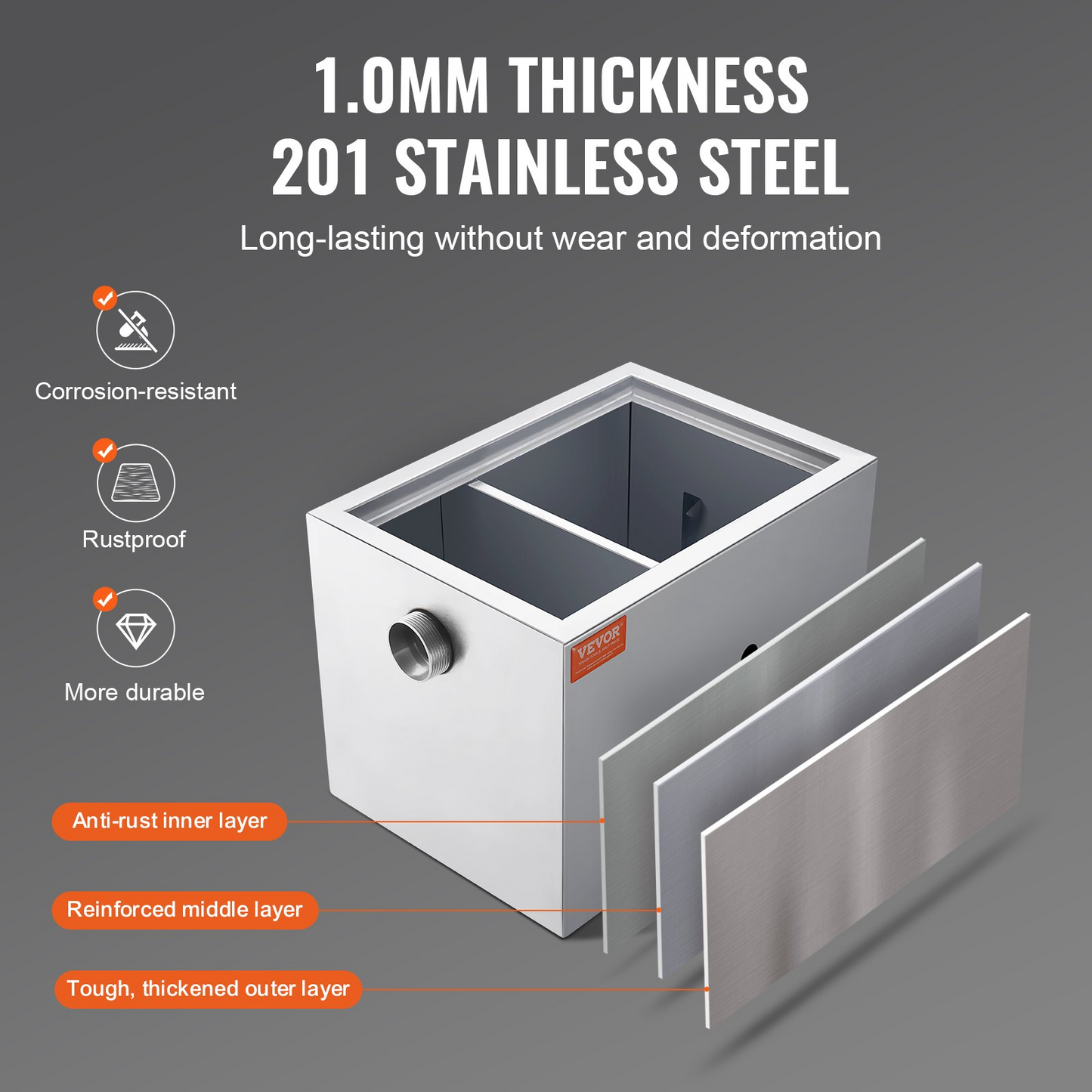 VEVOR Commercial Grease Trap, 3.6 kg Grease Interceptor, Side Inlet Interceptor, Under Sink Stainless Steel Grease Trap, 2.8 GPM Waste Water Oil-water Separator, for Restaurant Canteen Home Kitchen