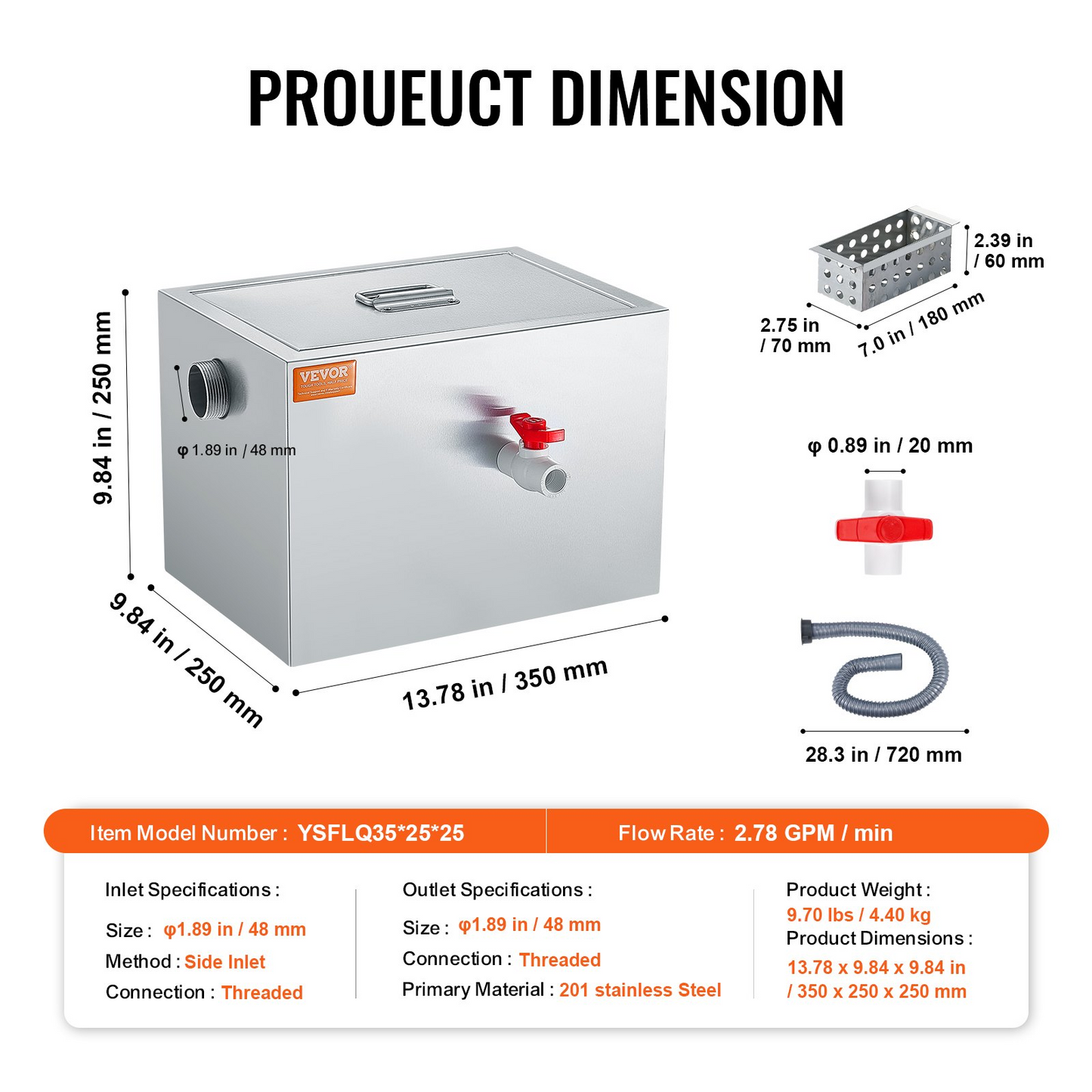 VEVOR Commercial Grease Trap, 3.6 kg Grease Interceptor, Side Inlet Interceptor, Under Sink Stainless Steel Grease Trap, 2.8 GPM Waste Water Oil-water Separator, for Restaurant Canteen Home Kitchen