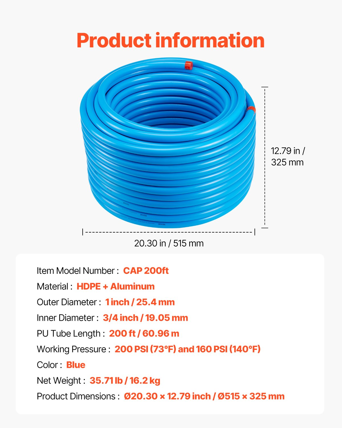 VEVOR Air Compressor Line Kit 3/4'' x 200FT HDPE-Aluminum Air Piping System Blue