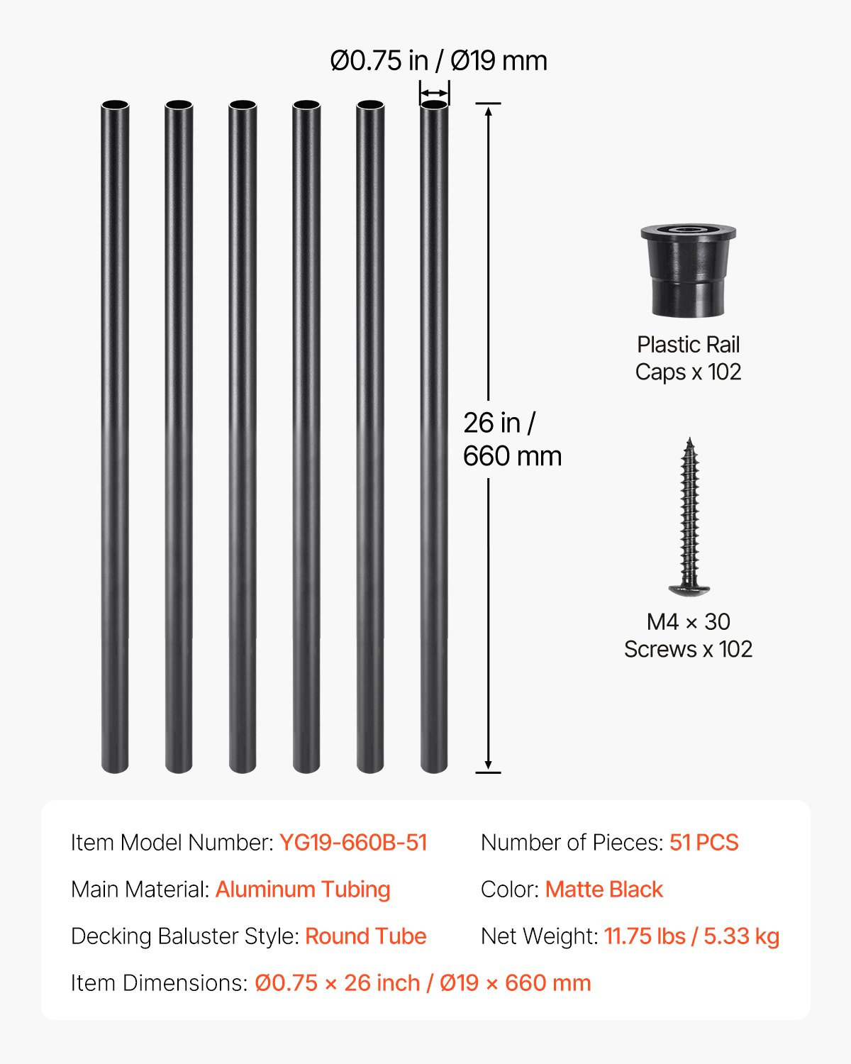 VEVOR Staircase Balusters 51 Pack 26 In Aluminum Spindles with Screws/Rail Caps