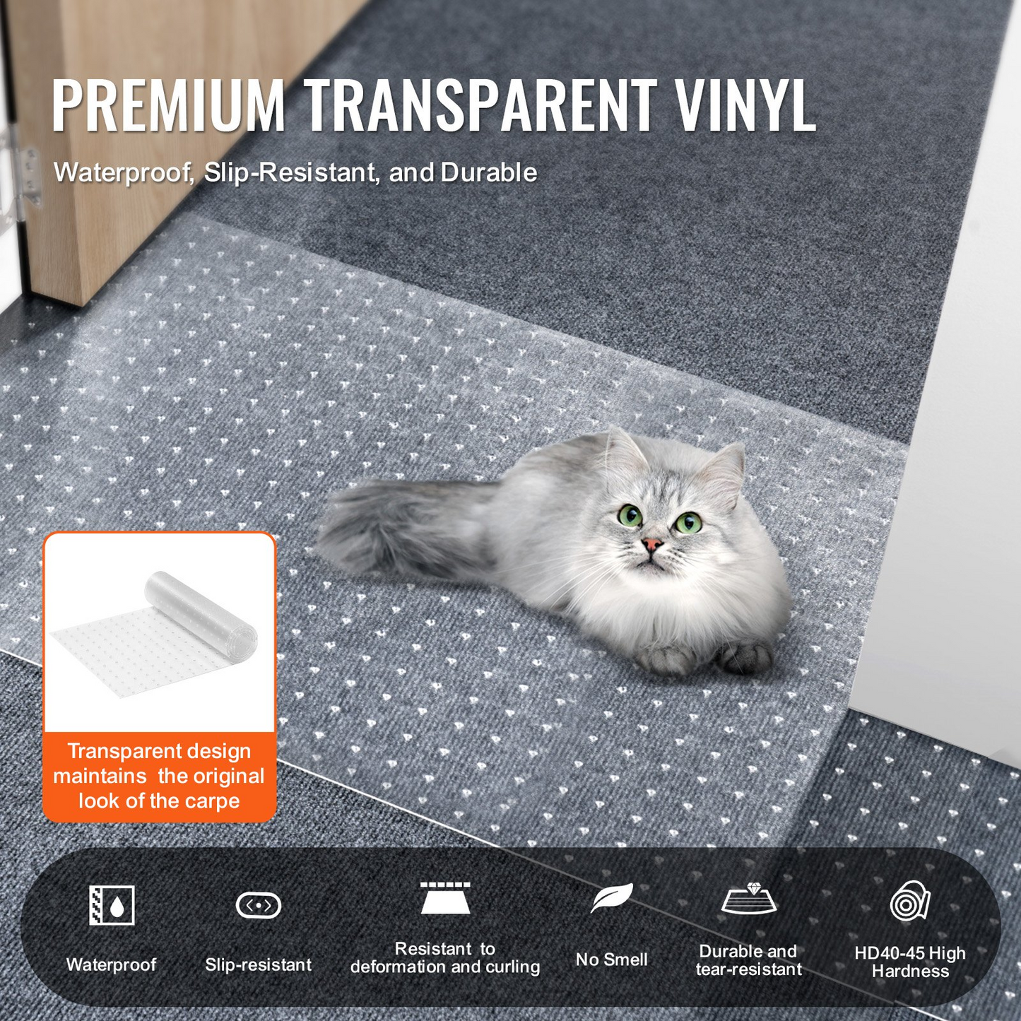 VEVOR Carpet Protector for Pets, 15" x 4' PVC Scratch-Proof Cat Carpet Protector for Doorway, Anti-Slip Cat Scratch Protector Mat, Easy to Cut Plastic Carpet Scratch Stopper, Cat Scratch Guard Carpet