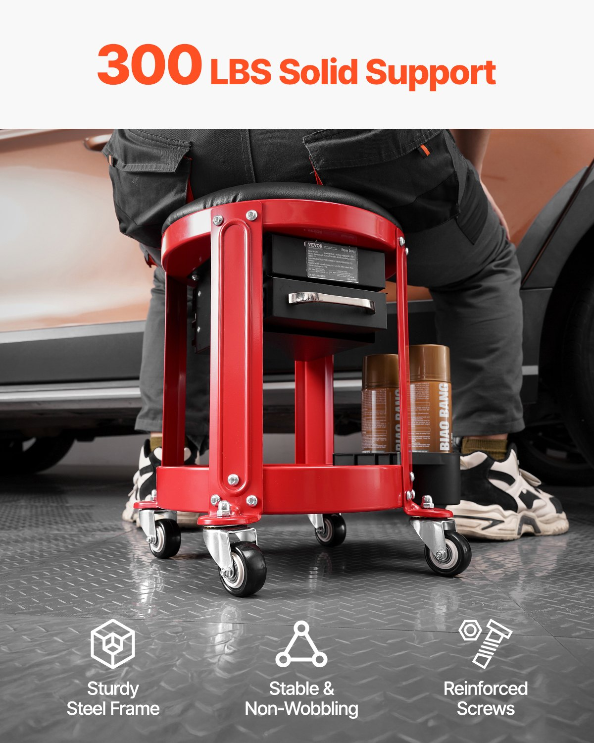 VEVOR Rolling Mechanic Stool Garage Seat 300 lbs Load with Wheels & Storage