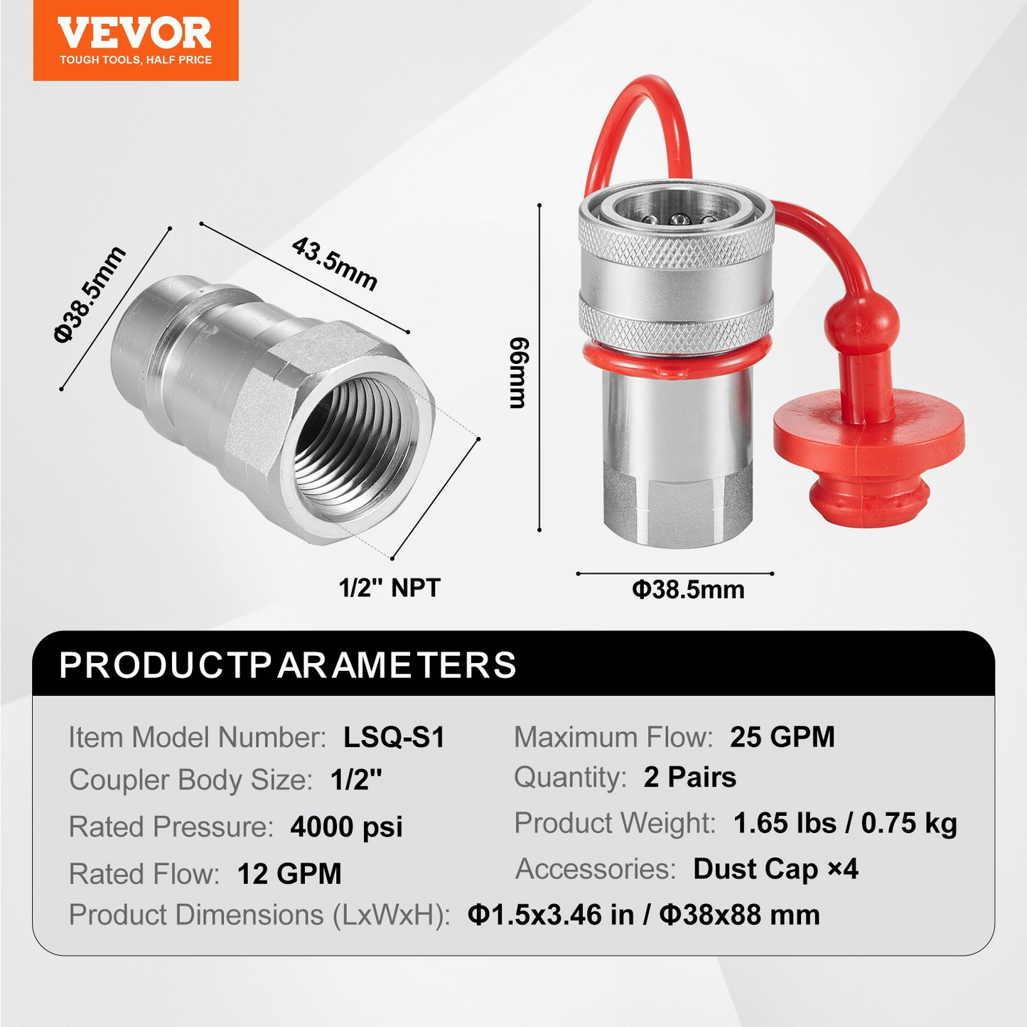 VEVOR 1/2" (1.3 cm) Tapered Hydraulic Couplers 1/2" (1.3 cm) NPT Skid Steer Couplers 4 Dust Caps