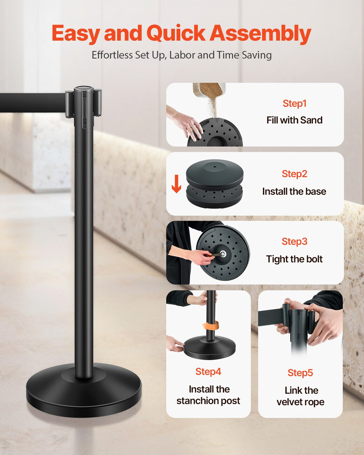 VEVOR 4 Pcs Stanchion Post with 4 Retractable Belts & Sand Injection Hollow Base