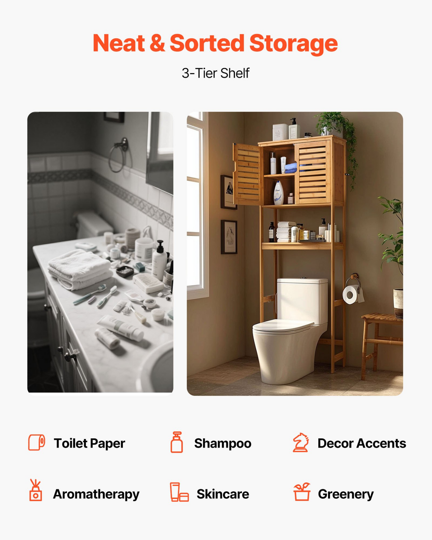 VEVOR Bamboo Over The Toilet Storage Cabinet with Adjustable Shelf 68.9" H