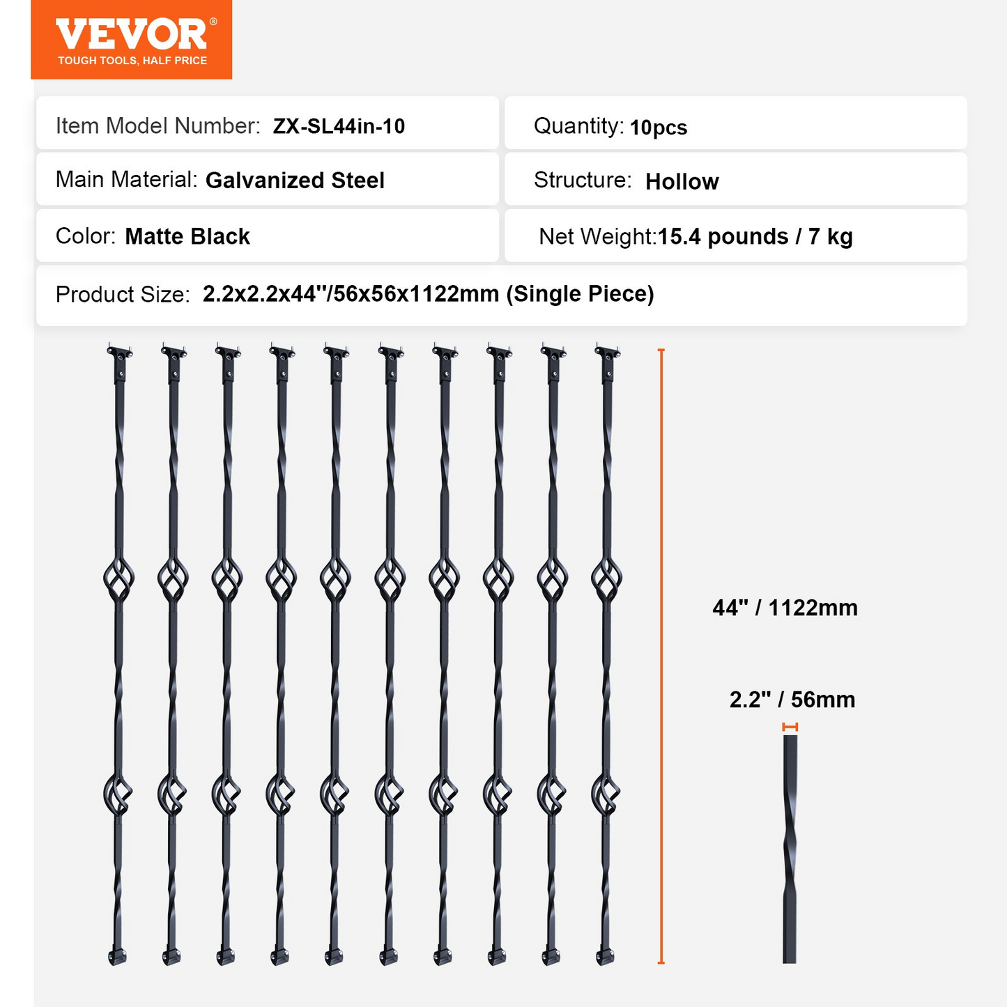 VEVOR Staircase Metal Balusters, 44'' x 1/2" Galvanized Steel Decorative Banister Spindles, 10 Pack Deck Baluster with Hollow Double Baskets, Spiral Stair Railing with Shoes & Screws
