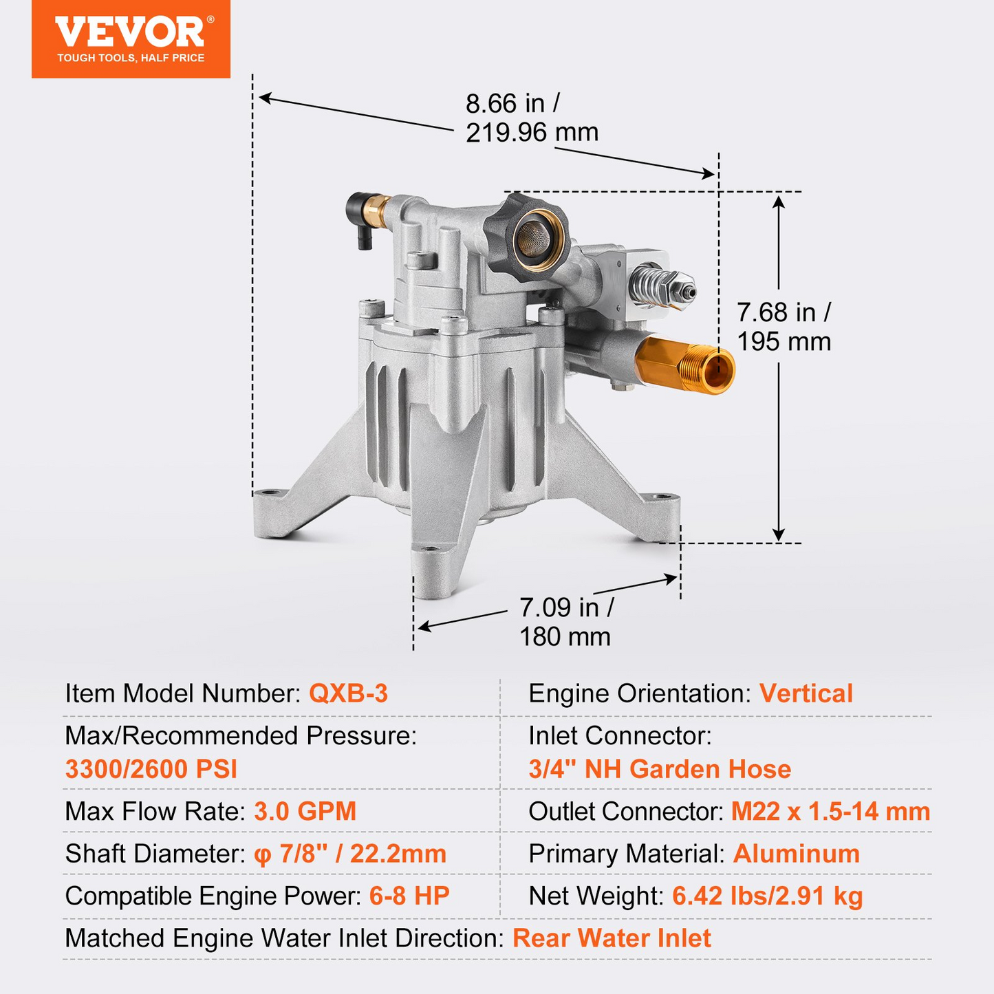 VEVOR Pressure Washer Pump 7/8" Shaft Vertical 3300 PSI 3.0GPM with 5 Nozzles