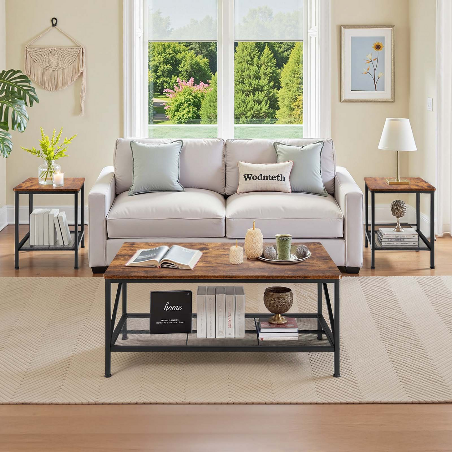 VEVOR 3 Pieces Living Room Table Sets 41.3 in Coffee Table with 2 End Tables