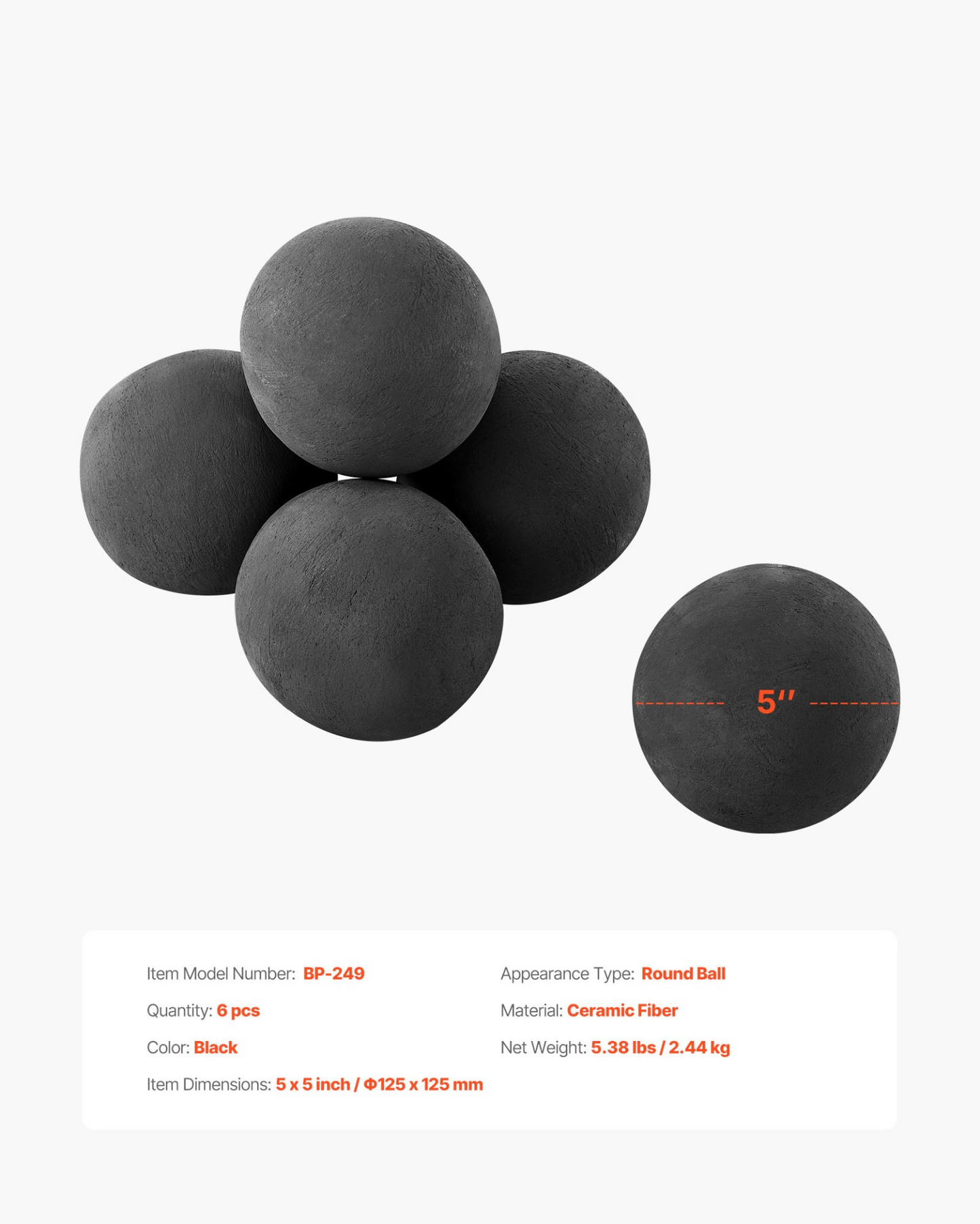 VEVOR 12.5 cm 6 Pcs Ceramic Fire Balls Round Fire Stones Reusable Lava Rocks