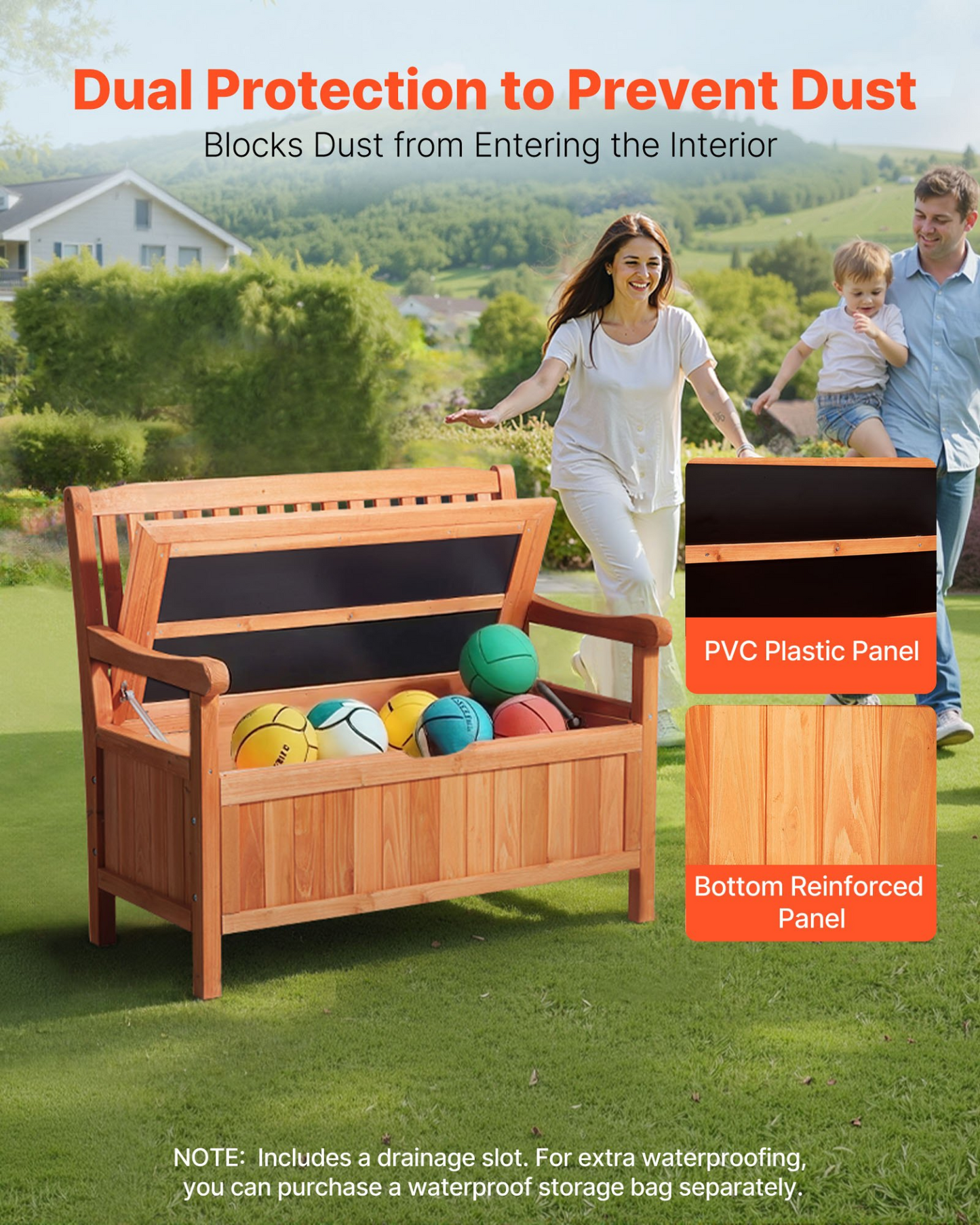 VEVOR 2 Person Outdoor Wooden Storage Bench 33 Gal Porch Deck Box Waterproof