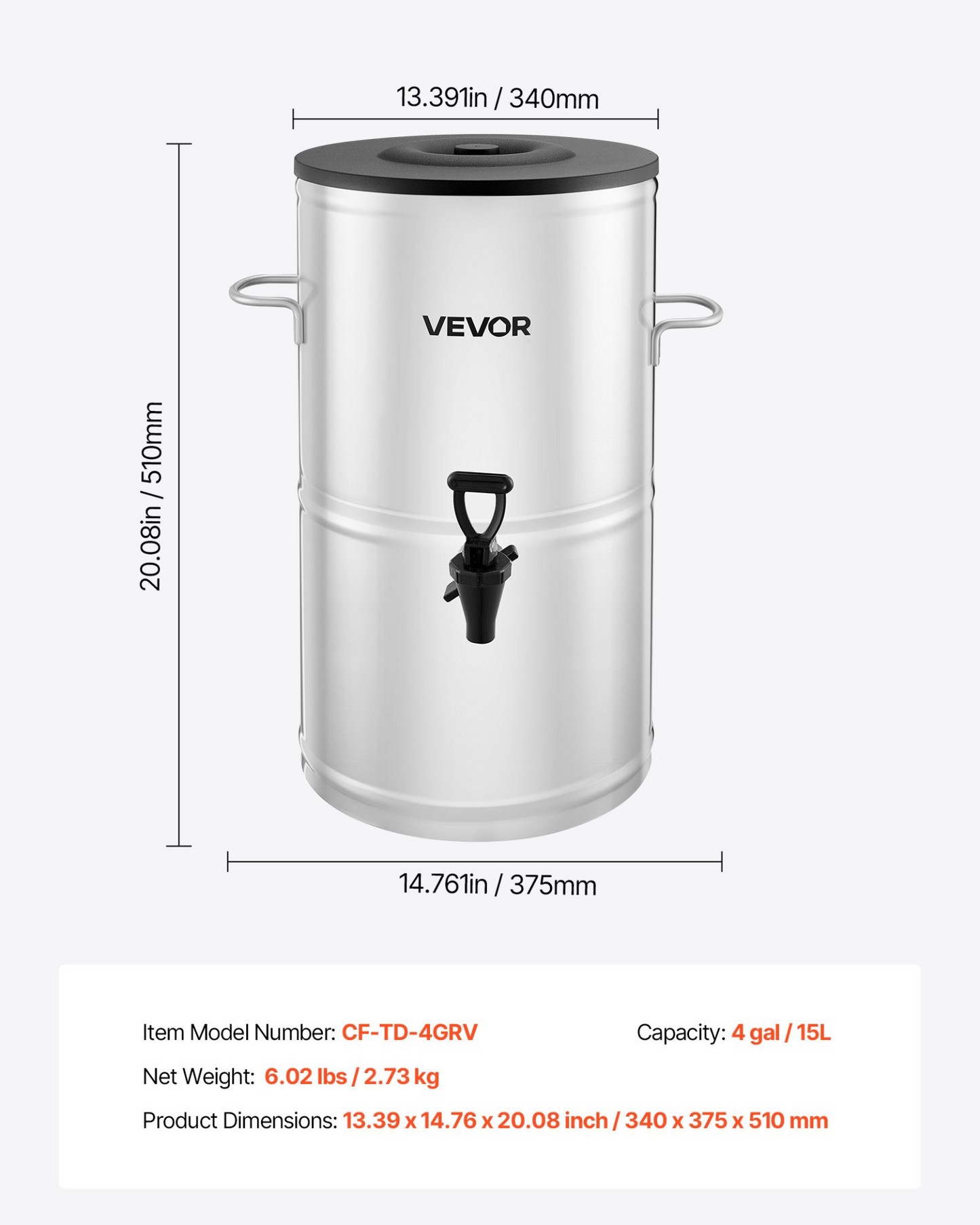 VEVOR Ice Tea Dispenser 4 Gal/15L for Iced Tea Juice Coffee 304 Stainless Steel