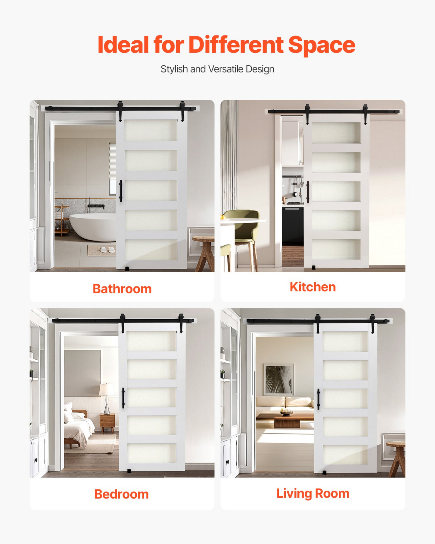 VEVOR Sliding Barn Door with Hardware Kit 914 x 2134mm MDF Panel Frosted Glass