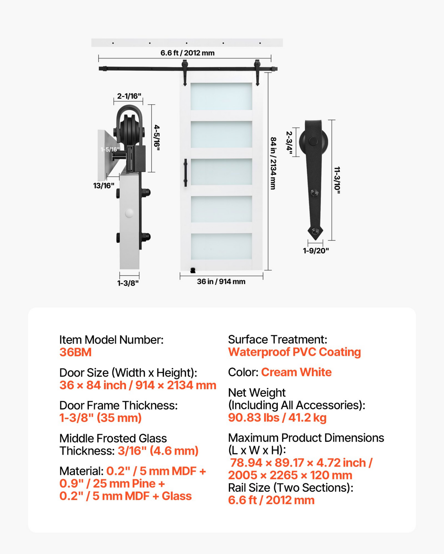 VEVOR Sliding Barn Door with Hardware Kit 914 x 2134mm MDF Panel Frosted Glass