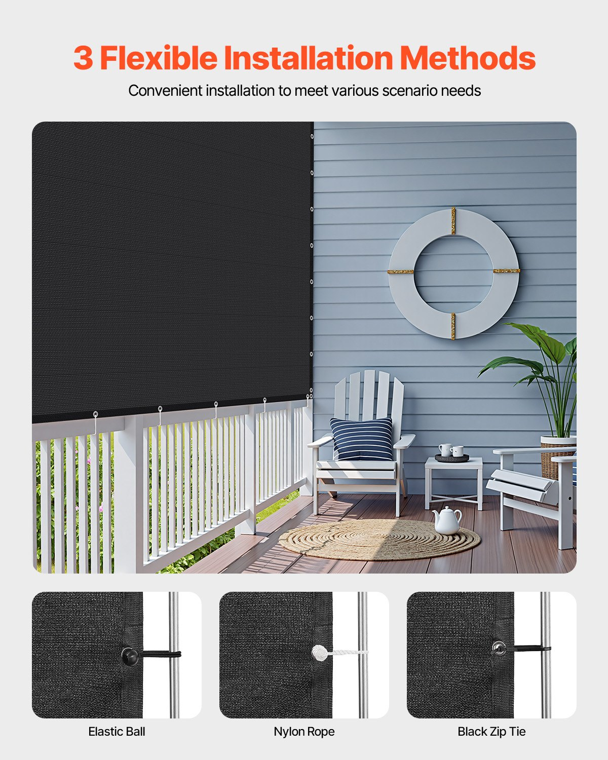 VEVOR 90% Sun Shade Cloth Privacy Screen 8 x 12 ft for Patio Garden (Black)