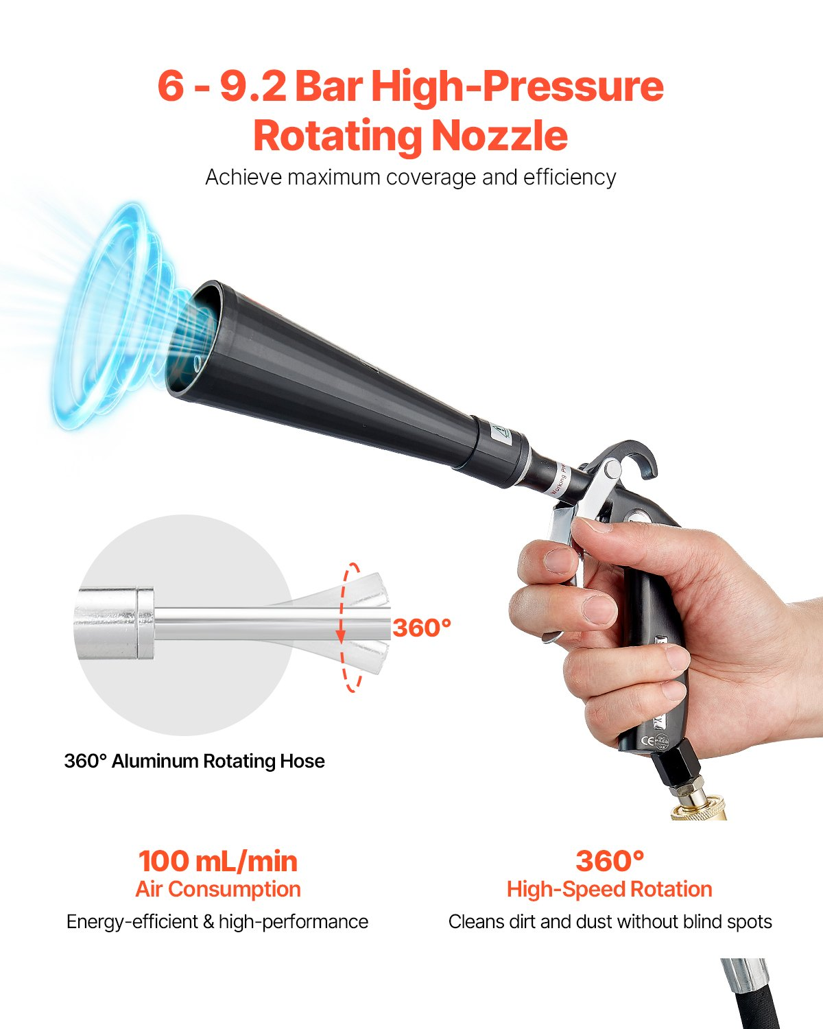 VEVOR Car Cleaning Gun 6-9.2 Bar High-Pressure Air Blow Gun 2 Nozzles Blast Dirt