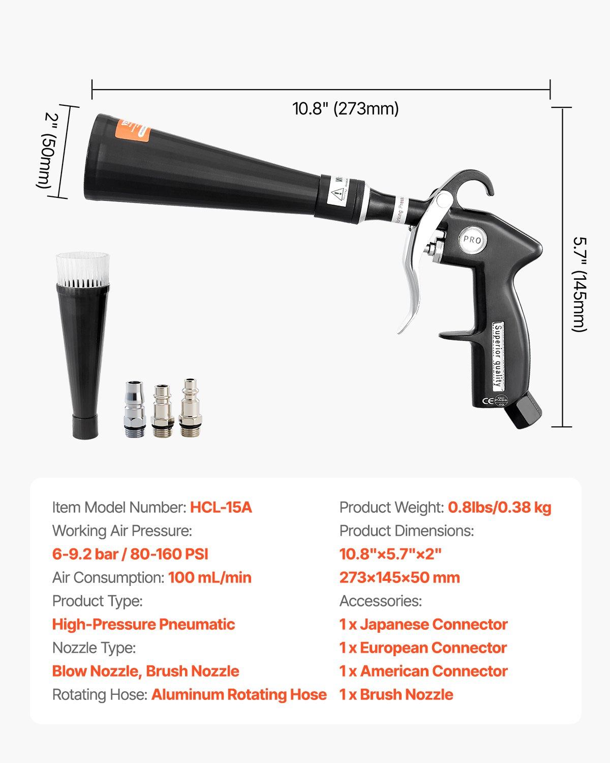 VEVOR Car Cleaning Gun 6-9.2 Bar High-Pressure Air Blow Gun 2 Nozzles Blast Dirt