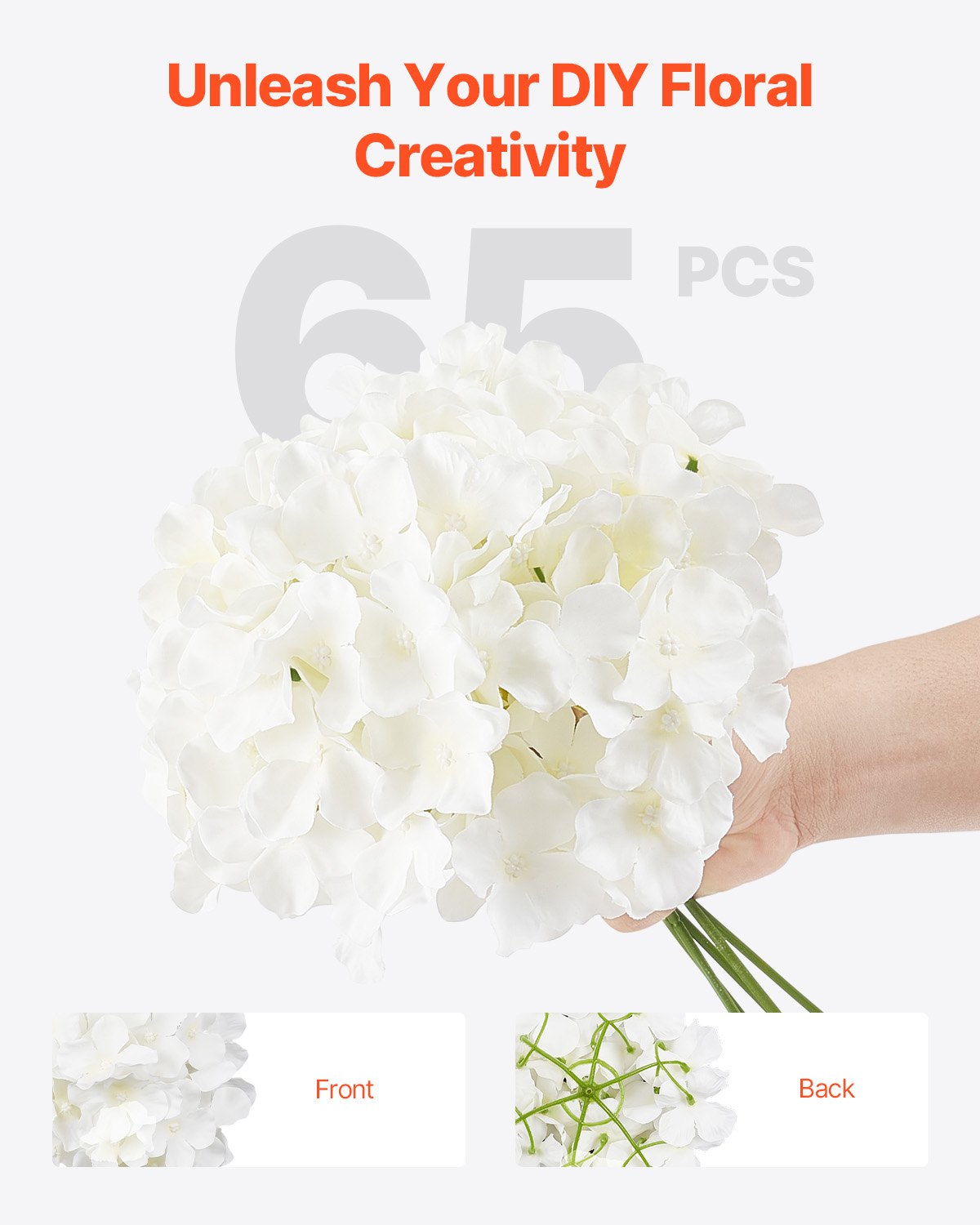 VEVOR 65 Pcs Artificial Silk Hydrangea Flowers 9.8 In Bouquet Arrangement White