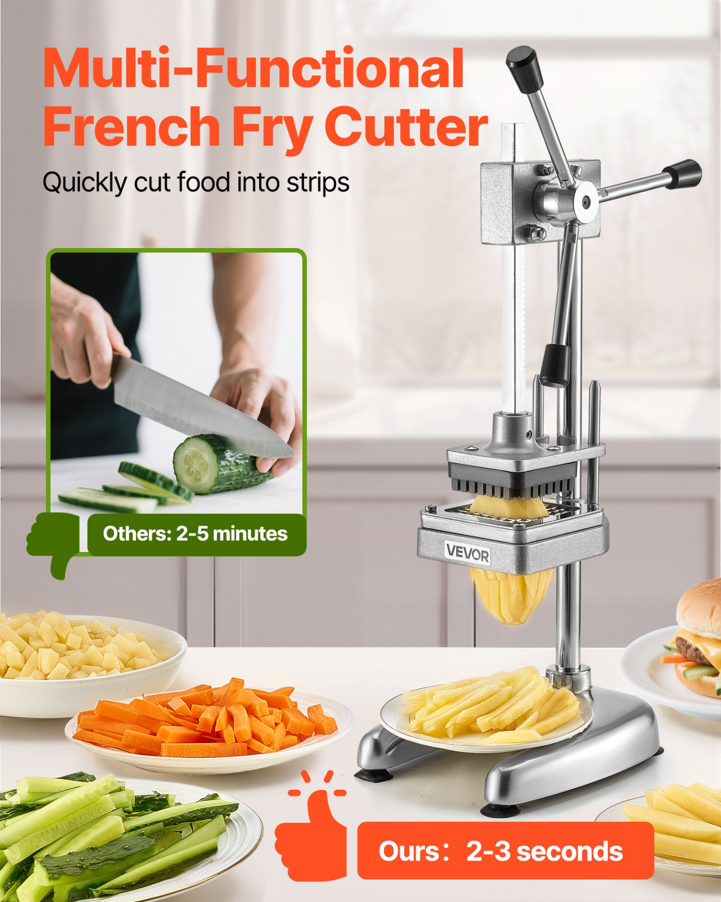 VEVOR Commercial French Fry Cutter Stainless Steel Vegetable Chopper w/ 3 Blades