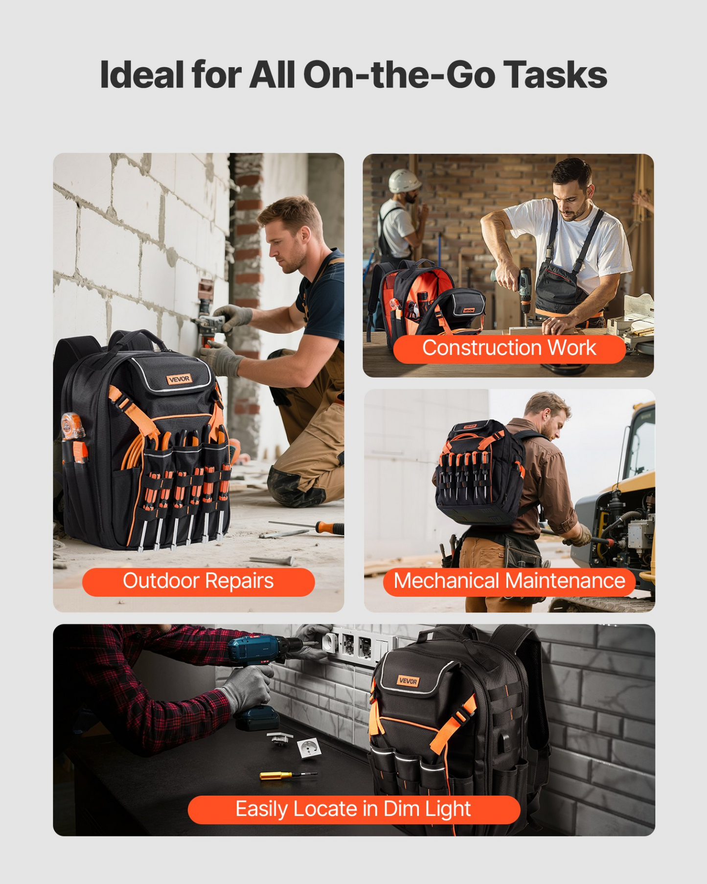 VEVOR Tool Backpack 45 Pockets Tear-resistant Jobsite Backpack for Electrician