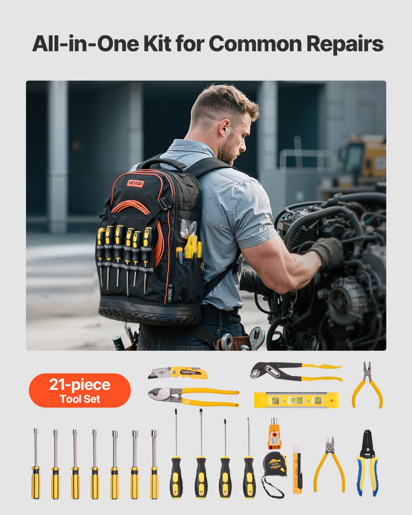 VEVOR Tool Backpack with Tools 65 Pockets Tear-resistant Jobsite Backpack