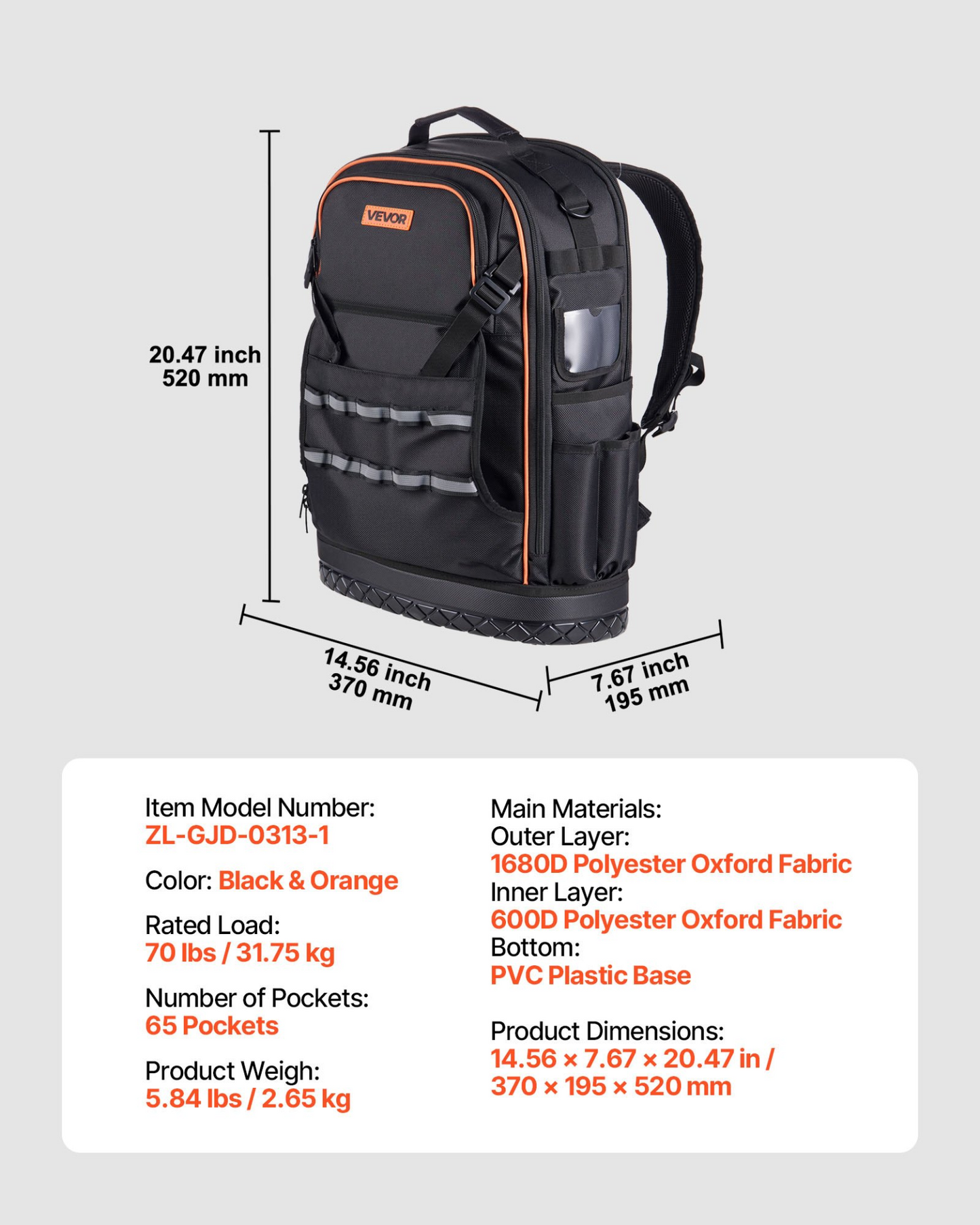 VEVOR Tool Backpack 65 Pockets Tear-resistant Jobsite Backpack for Electrician