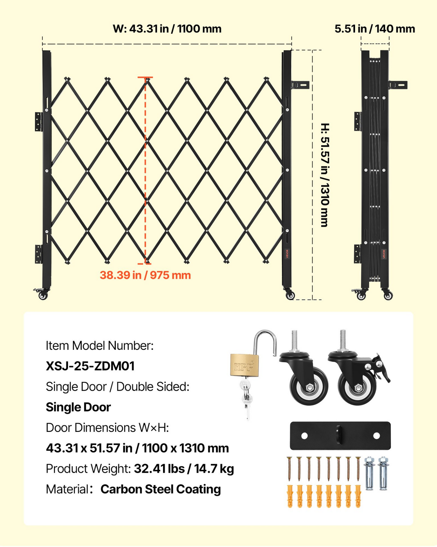 VEVOR Single Folding Security Gate Lockable Scissor Gate 43.31 x 51.57 in (WxH)