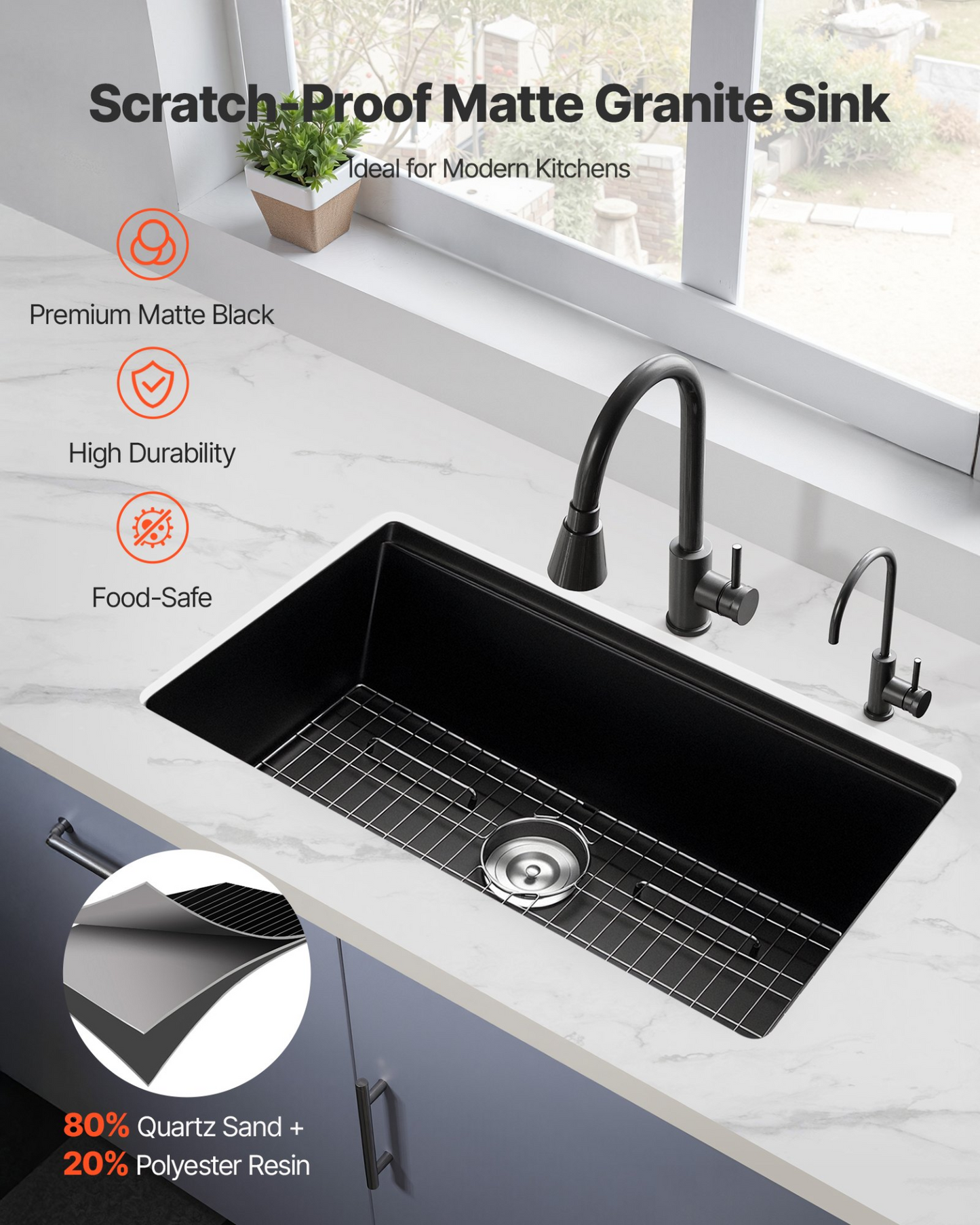 VEVOR 84 cm Granite Kitchen Sink Undermount Single Bowl Drop-In Basin for RV Bar