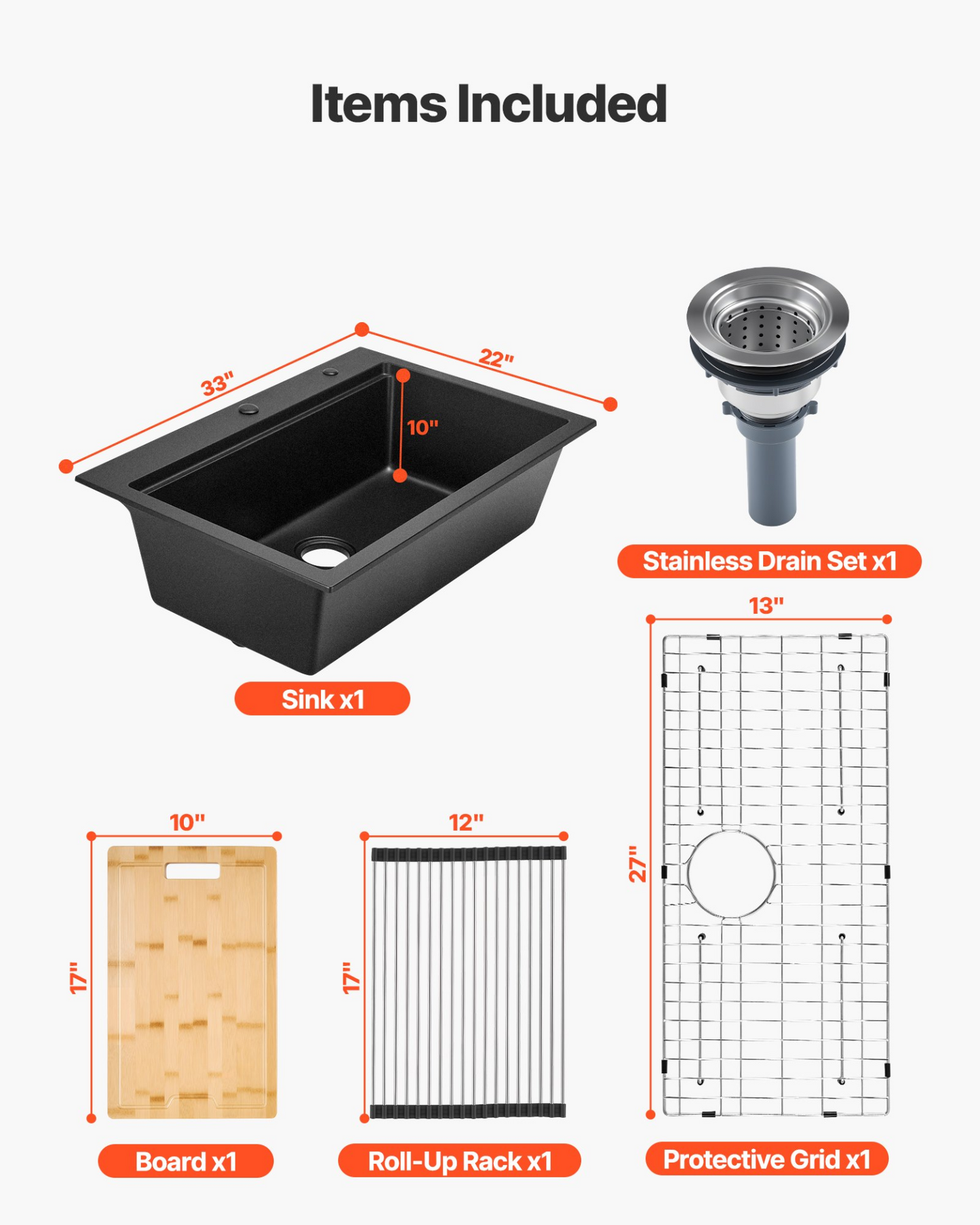 VEVOR 84 cm Granite Kitchen Sink Top Mount Single Bowl Drop-In Basin for RV Bar